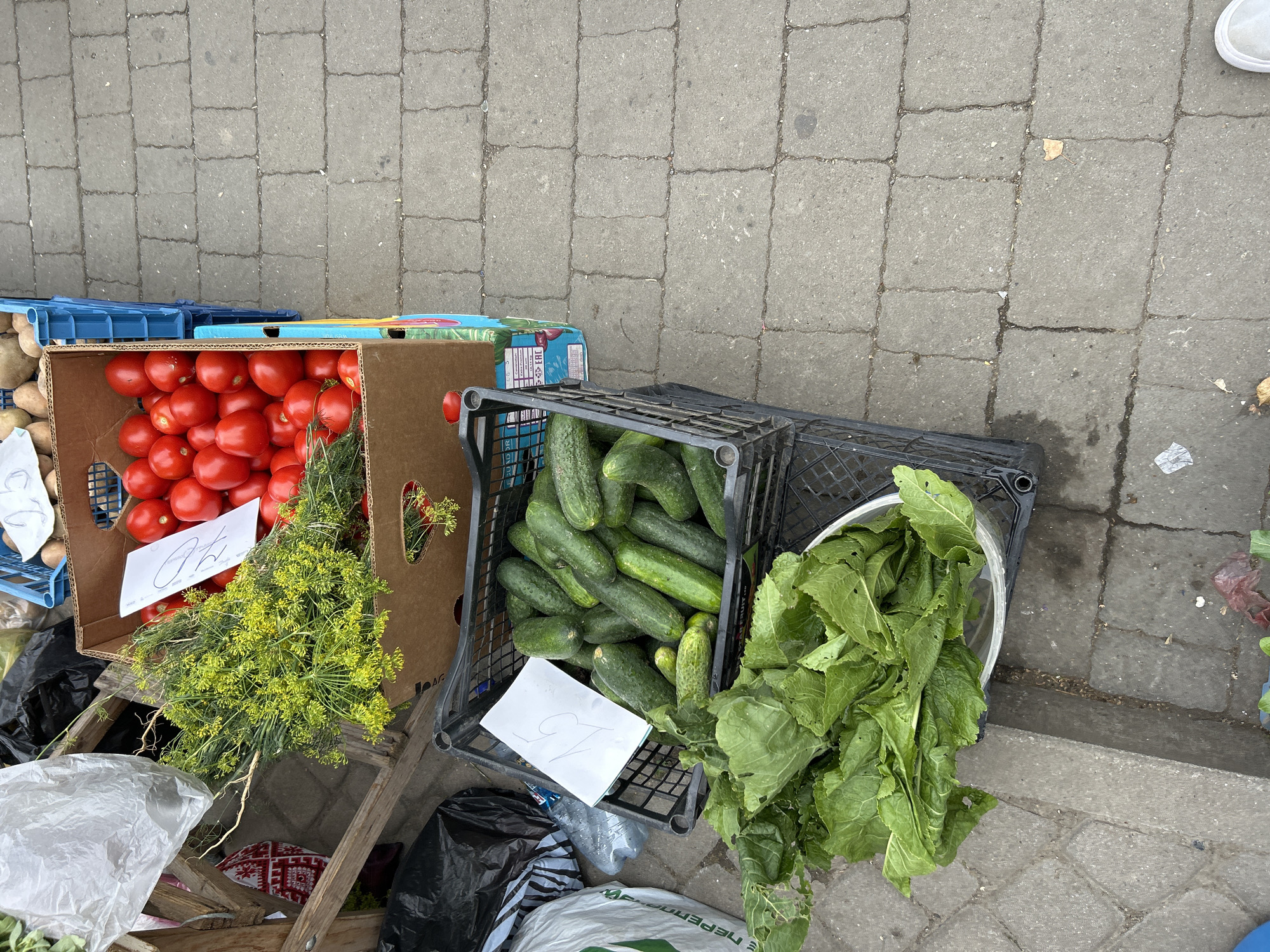 At a street market in Uzhhorod, Ukraine, produce is displayed for sale. In the foreground, a crate of fresh green salad leaves rests in a translucent plastic basin. To the right, a black plastic crate is filled with cucumbers, and a white card with "15" written on it is placed inside. Behind the cucumbers, a cardboard box is overflowing with ripe red tomatoes, and a bunch of dill with yellow flowers sits on top. To the left, a white plastic bag and black trash bags are visible, along with a wooden structure. The ground is paved with grey interlocking bricks. In the background, a blue plastic crate contains potatoes, and part of a similar crate is visible on the far right. The overall scene depicts a vibrant and bustling outdoor market.