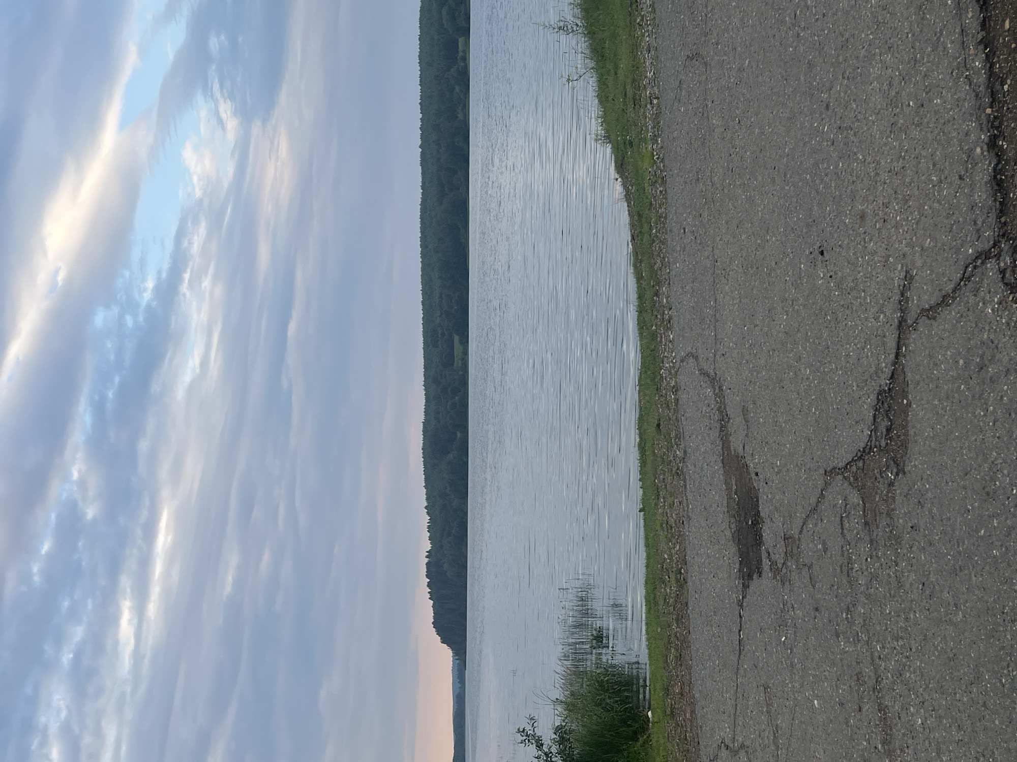 The image depicts a serene natural landscape, likely in Sen'kino, Russia. In the foreground, a cracked asphalt road leads towards a grassy embankment. Beyond the embankment lies a calm body of water, possibly a lake or a wide river, reflecting the soft hues of a cloudy sky. A dense, dark green forest lines the opposite shore, creating a natural horizon. The sky is a mosaic of soft blue and grey clouds, with hints of pale pink near the horizon, suggesting either dawn or dusk. The overall atmosphere is tranquil and untouched by human activity, focusing on the natural elements of water, land, and sky.