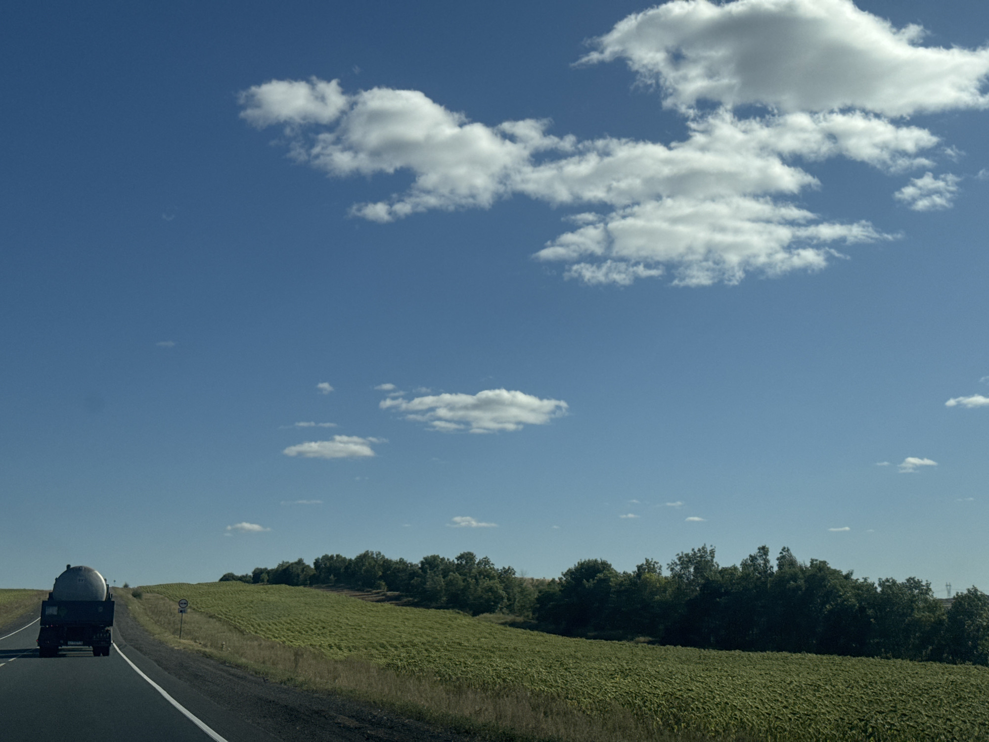 A tanker truck drives along a paved road in a rural area. The truck is dark in color and appears to be carrying a liquid. The road is lined with a grassy shoulder and a large field of green crops, possibly sunflowers, on the right. In the distance, a line of trees borders the field. The sky is a clear blue with scattered white clouds. A traffic sign is visible on the side of the road. The scene appears to be in the city of Perevolotsky, Russia, on a sunny day.