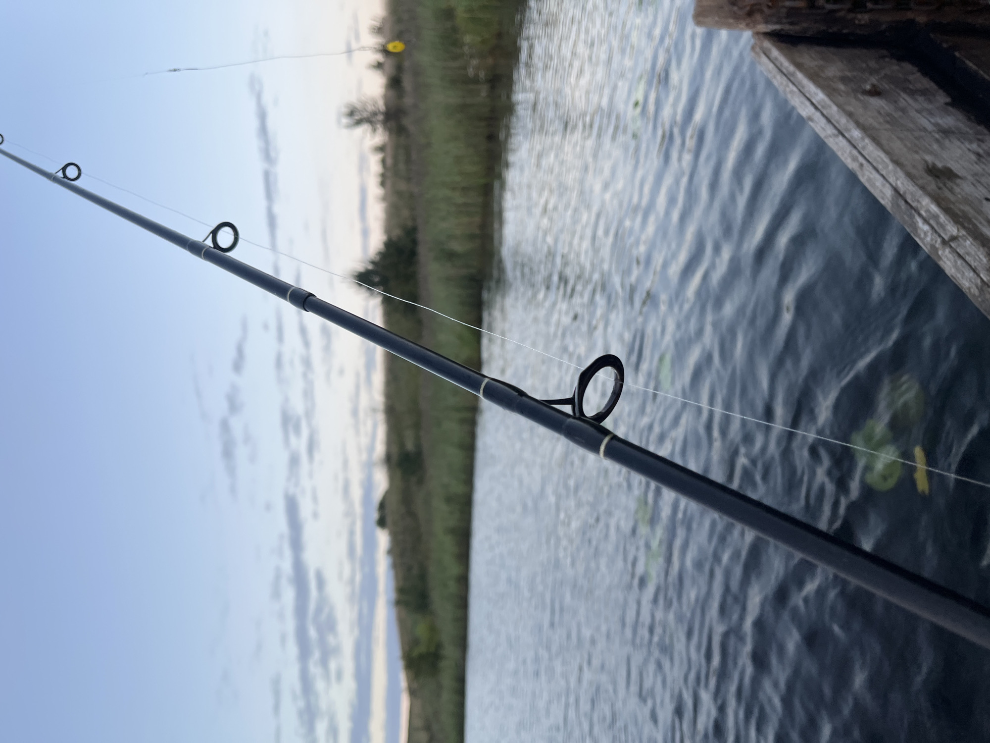 A fishing rod extends diagonally across the frame from the lower left to the upper right. The rod is black with several guide rings. A fishing line trails from the tip of the rod, with a yellow bobber visible in the distance. The rod rests on a weathered wooden structure, possibly a pier or dock, on the right side of the image.
The rod overlooks a calm body of water, likely a lake or pond, that fills the majority of the lower half of the image. The water is a deep blue-green, with ripples indicating a gentle breeze. Lily pads are scattered on the surface of the water.
The background features a lush, green shoreline with tall reeds and scattered trees. Beyond the shoreline, rolling hills are visible under a pale blue sky with scattered wispy clouds. The lighting suggests it is either early morning or late evening, with a soft, diffused light.
The location is identified as Навасёлкаўскі сельскі Савет, Belarus.