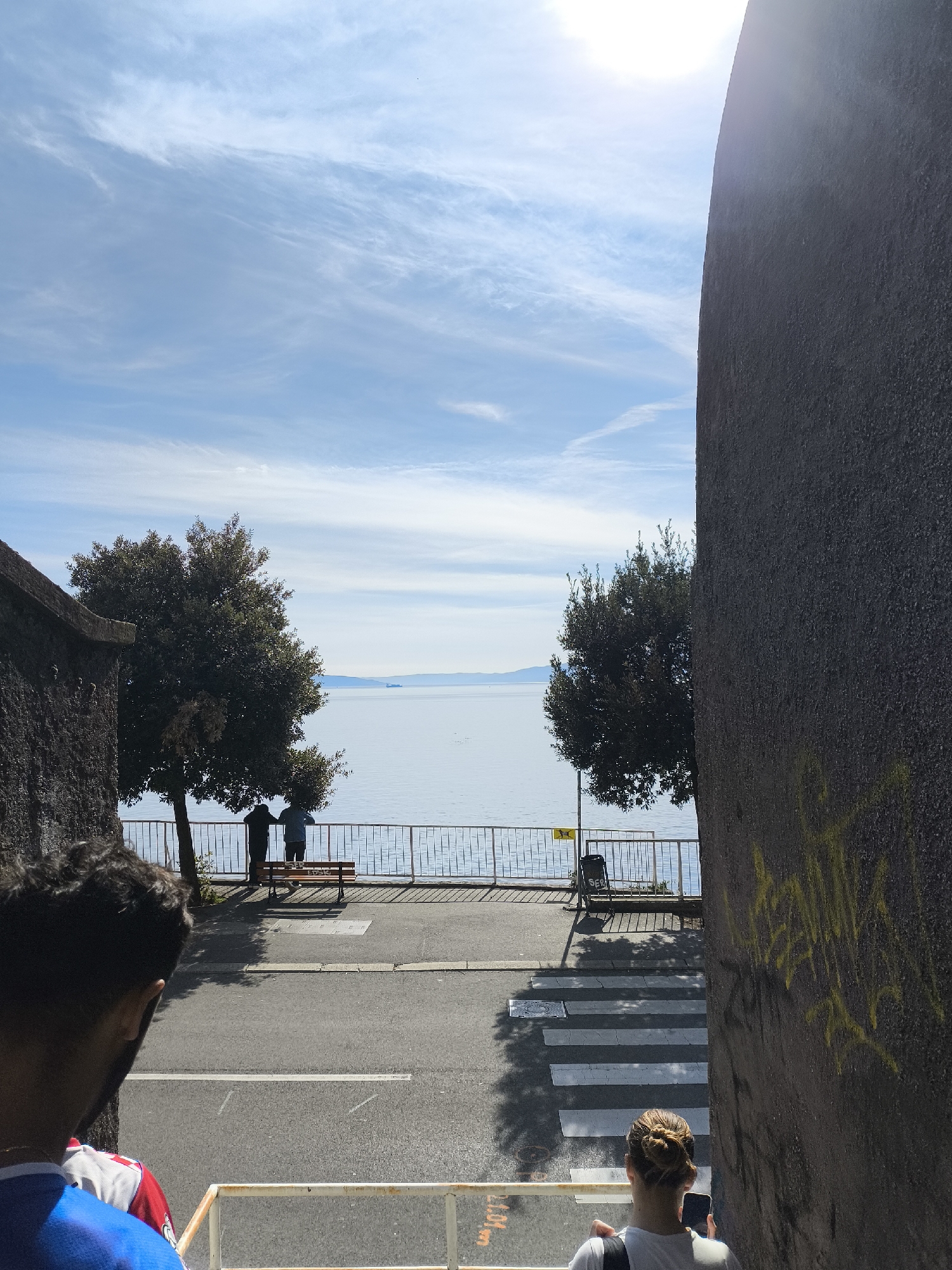 The scene captures a view through a narrow passageway in an urban setting, overlooking a body of water. The sky is partly cloudy. A tall, dark, textured wall stands to the right of the frame, showing traces of yellow graffiti. On the left, part of another structure is visible. Two trees frame the view of the water, which extends to a distant shoreline.
A crosswalk is situated in front of the opening, leading towards a fenced-off area. There are benches and figures, possibly people looking out towards the water, near the fence.
In the foreground, the backs of two people are visible. One individual has dark hair and wears a blue and red shirt. The other, closer to the frame’s center, has blonde hair pulled back into a bun and is looking at a smartphone. The location is the city of Unknown, Unknown.