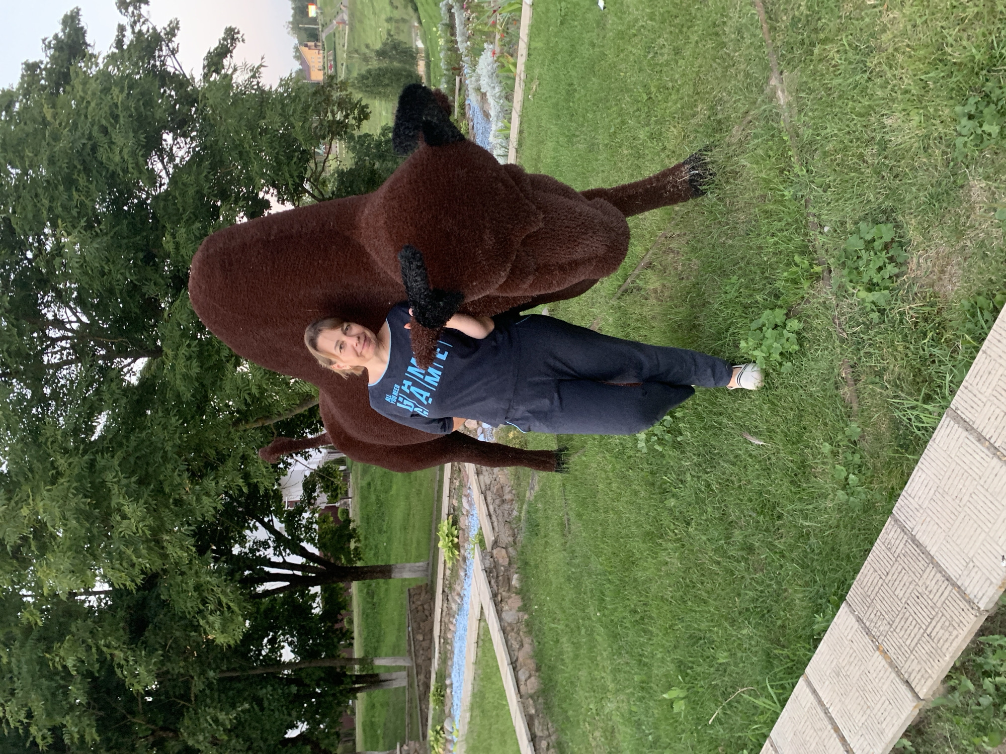 A woman stands next to a large, brown, fuzzy sculpture of a bull in Kapyĺ, Belarus. The woman is wearing a dark blue t-shirt with blue lettering and dark blue sweatpants with a light blue stripe. She has light brown hair and is smiling at the camera. The bull sculpture is dark brown and appears to be made of a shaggy material. The background consists of a grassy area with trees and some decorative landscaping, including a small water feature with blue stones. In the distance, there are buildings and more trees. The image appears to have been taken during the daytime.