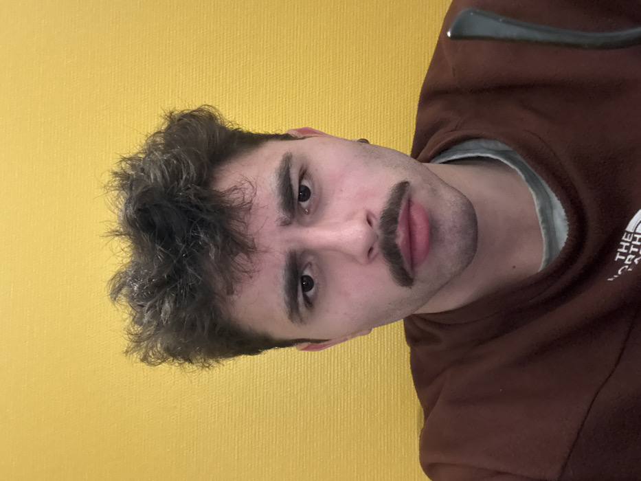 A young man with dark hair and a drawn-on mustache poses for a selfie. He wears a brown sweatshirt over a gray undershirt. Part of a pair of glasses is visible at the top edge. The background is a plain yellow wall. The image is oriented sideways.