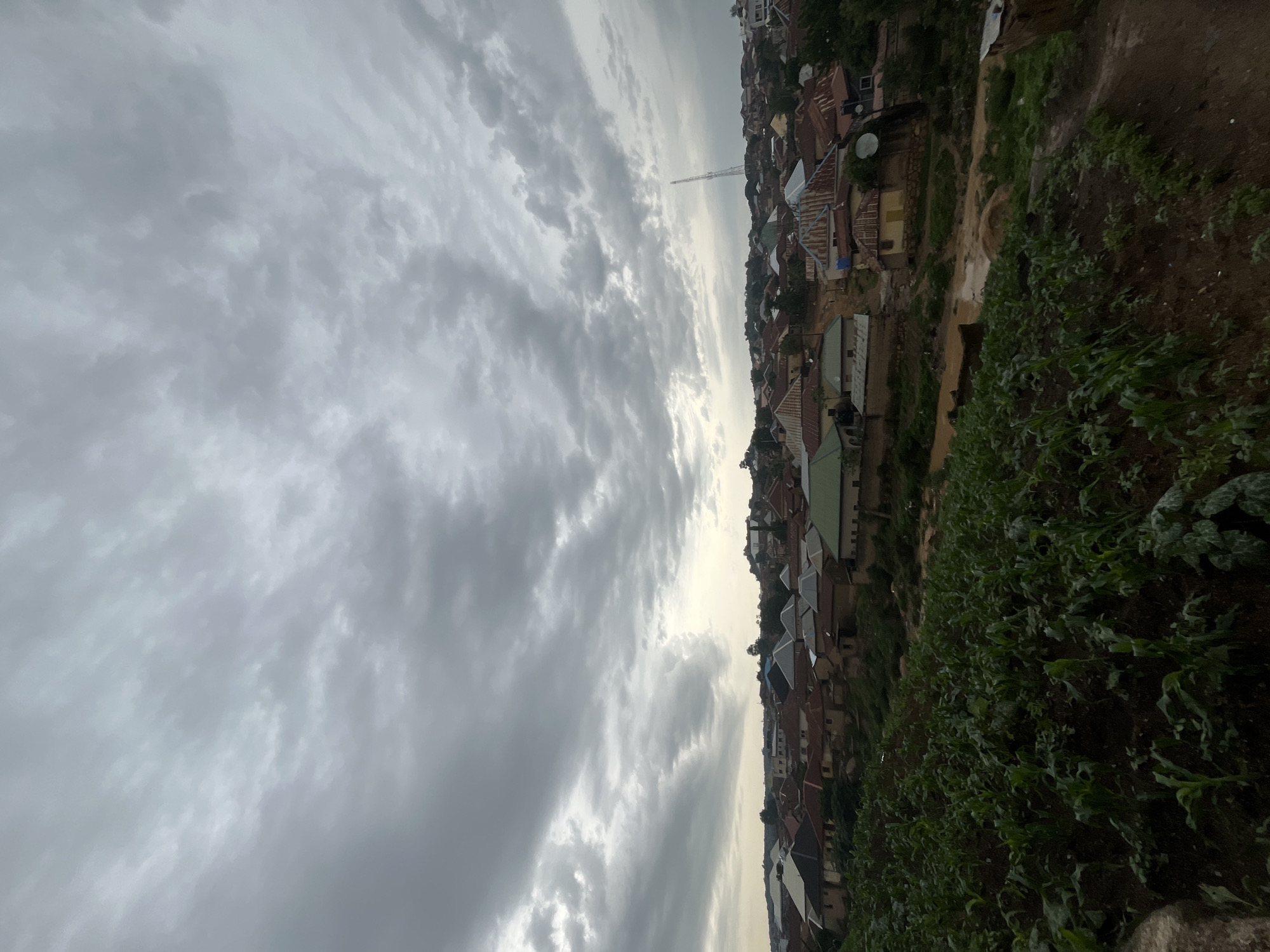 This image depicts a view of a residential area in Jos, Nigeria, under a cloudy sky. In the foreground, a field of young green crops, possibly maize or corn, is visible, planted on a sloped terrain. Beyond the crops, a cluster of houses with various roof types, including corrugated metal and tiled roofs, stretches across the landscape. Some of the houses appear to be made of mud brick or concrete. A tall communication tower stands prominently in the middle ground, suggesting the presence of modern infrastructure within the otherwise traditional settlement. The ground in the area between the crops and the houses appears to be damp and muddy, with signs of recent rainfall. The overall atmosphere is overcast and somber, with the muted light suggesting it may be early morning or late afternoon, or that rain is imminent.
