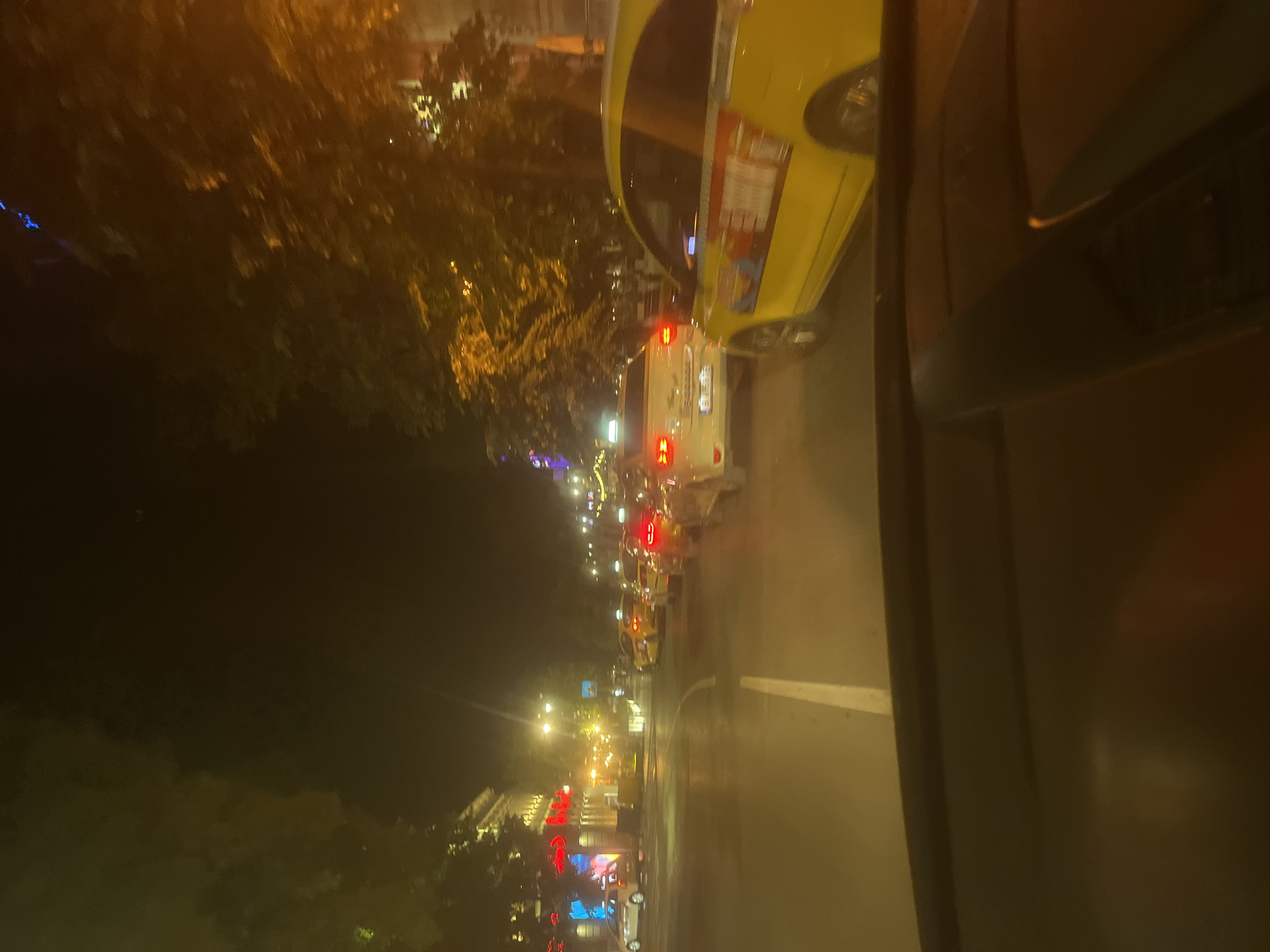 The image captures an urban street scene at night in Varna, Bulgaria, viewed from the interior of a vehicle, looking forward through the windshield. The bottom portion of the image shows the dark dashboard of the originating vehicle.
The street is densely populated with traffic, primarily consisting of yellow taxi cabs, alongside some white passenger cars. The vehicles are either stationary or moving very slowly, forming a queue, with numerous red taillights illuminated. The asphalt road surface appears reflective, suggesting it may be wet, and a white dashed lane line runs down the center of the visible road in the foreground.
On the left side of the street, multi-story buildings with various illuminated signs are visible, including a prominent red-lit commercial sign. Both sides of the street are lined with trees, whose foliage is illuminated by streetlights and the ambient light from vehicles and buildings, creating an overall orange and yellow glow across the scene. The sky above is dark. No specific individuals are discernible within the frame.