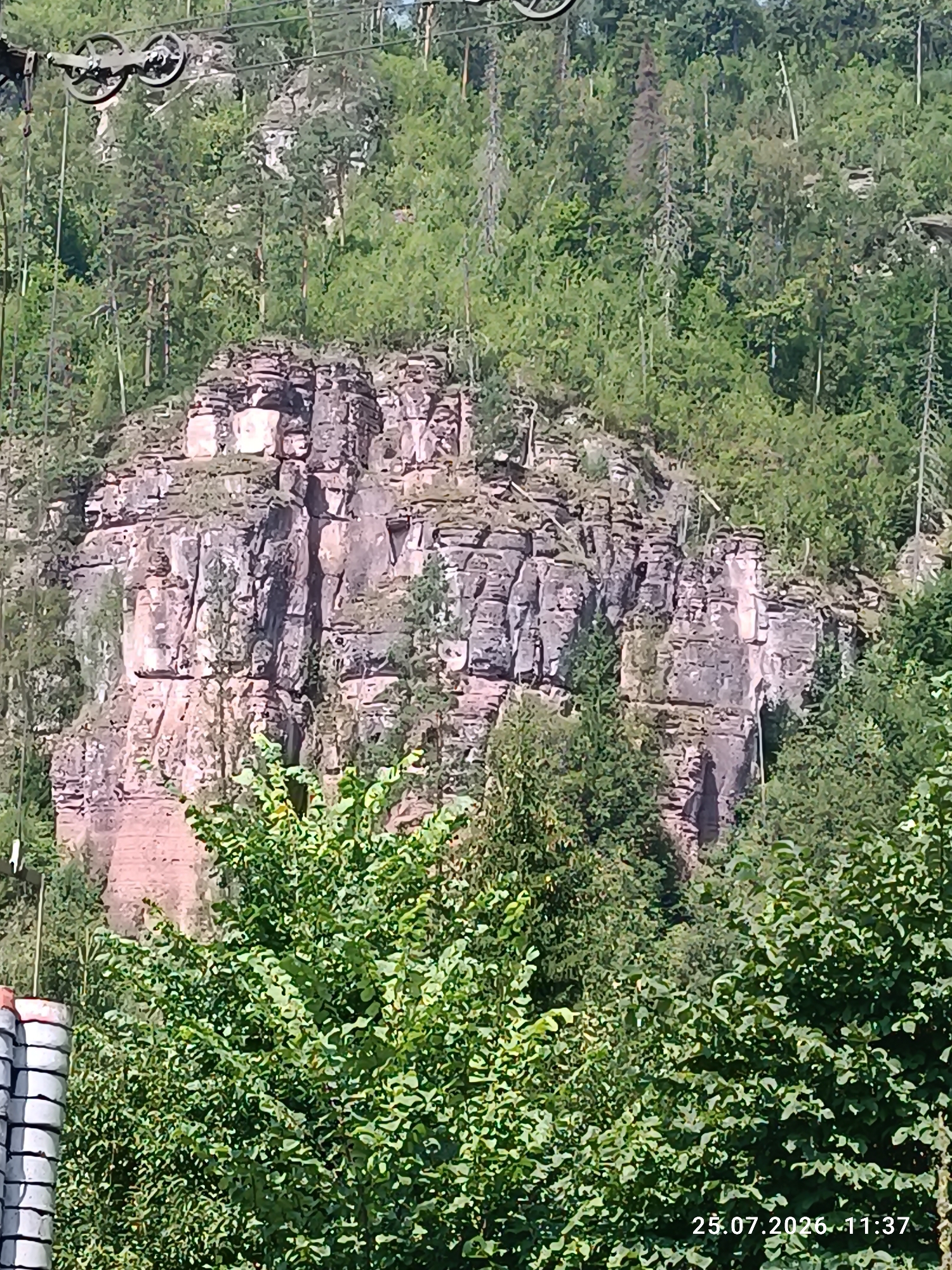 A wide shot captures a dense forest atop a rugged cliff face. The cliff exhibits layered rock formations and is partially overgrown with vegetation. In the foreground, lush green trees and bushes obscure the lower portion of the scene. A portion of a cableway mechanism with pulleys is visible in the upper left corner, suggesting industrial activity or a transportation system in the vicinity. The timestamp "25.07.2026 11:37" is superimposed on the bottom right of the image. The overall scene depicts a natural landscape with evidence of human infrastructure. No people are visible in the image. This image does not depict Brish, Russia.