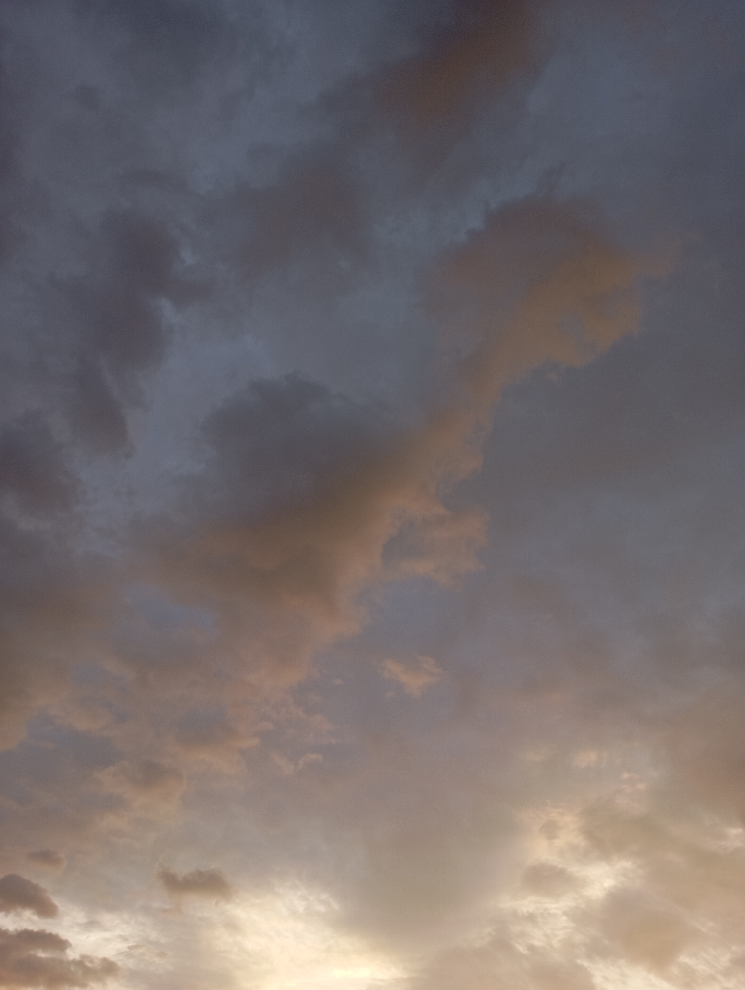 This is a photograph of a cloudy sky, taken from the city of Fokino, Russia. The clouds are dense and varied in color, with shades of gray, blue, and warm, peachy tones that suggest either sunrise or sunset. The lighting is soft and diffused, creating a dramatic and somewhat moody atmosphere. No people, structures, or ground features are visible, as the image is entirely focused on the sky.
