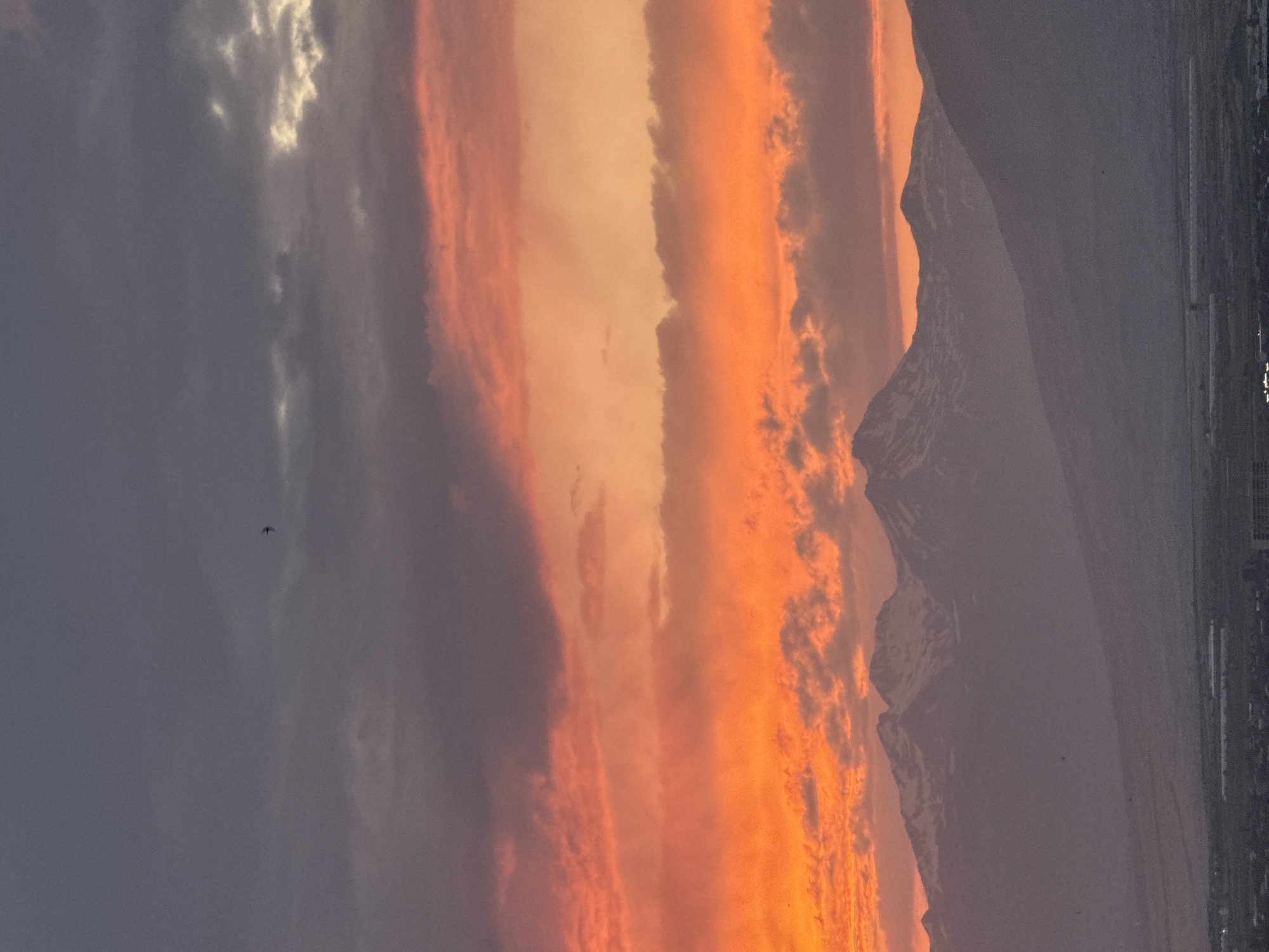 This is a vertical, medium-shot photograph of a sunset over a mountainous landscape near Abovyan, Armenia. The sky is filled with dramatic clouds, transitioning from a dark, stormy gray at the top to vibrant shades of orange and red closer to the horizon. A single bird is visible in the upper portion of the sky. Below the colorful sky, snow-capped mountains are silhouetted against the fading light. In the foreground, a hazy, distant view of a city or town is visible, with some buildings and infrastructure discernible, suggesting the location is on the outskirts of Abovyan. The overall mood is serene and atmospheric, with the natural beauty of the sunset and mountains dominating the scene.