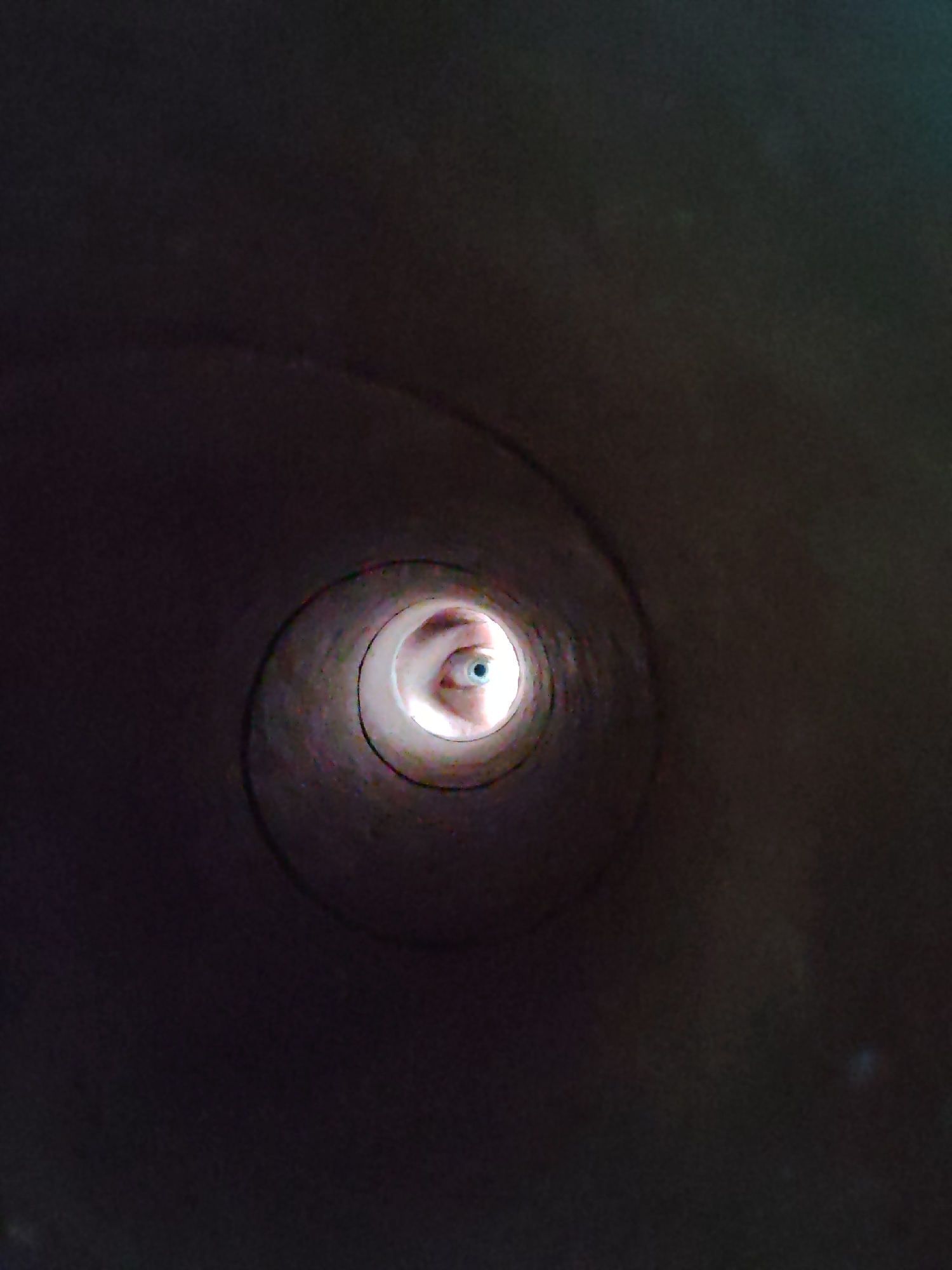 A close-up perspective shows the interior of a dark, cylindrical tube or tunnel, leading to a bright opening at the far end. An eye, presumably belonging to a person, is visible looking directly into the camera from the bright opening. The tunnel walls appear to be made of a rough, possibly cardboard or concrete material. There are some faintly visible circular markings on the inner walls of the cylinder. No location in the city of Chaikovsky, Russia, can be determined.