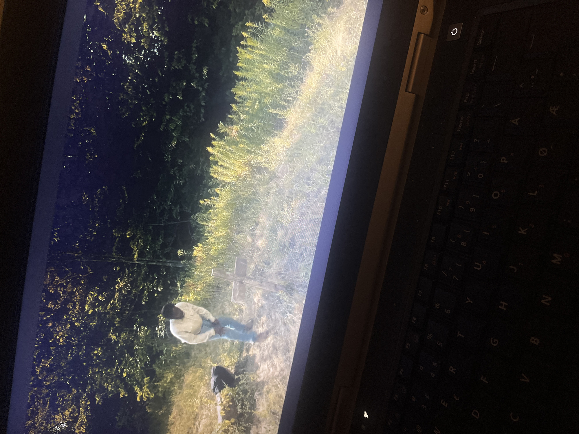 The image depicts a laptop screen showing a man standing in a graveyard. The environment includes trees and what appears to be a cross-shaped tombstone. The man is wearing light-colored clothing. To the right of the screen is a portion of the laptop keyboard. The image is taken at an angle, and the exact location within Plovdiv, Bulgaria is not discernible from the visual information provided.