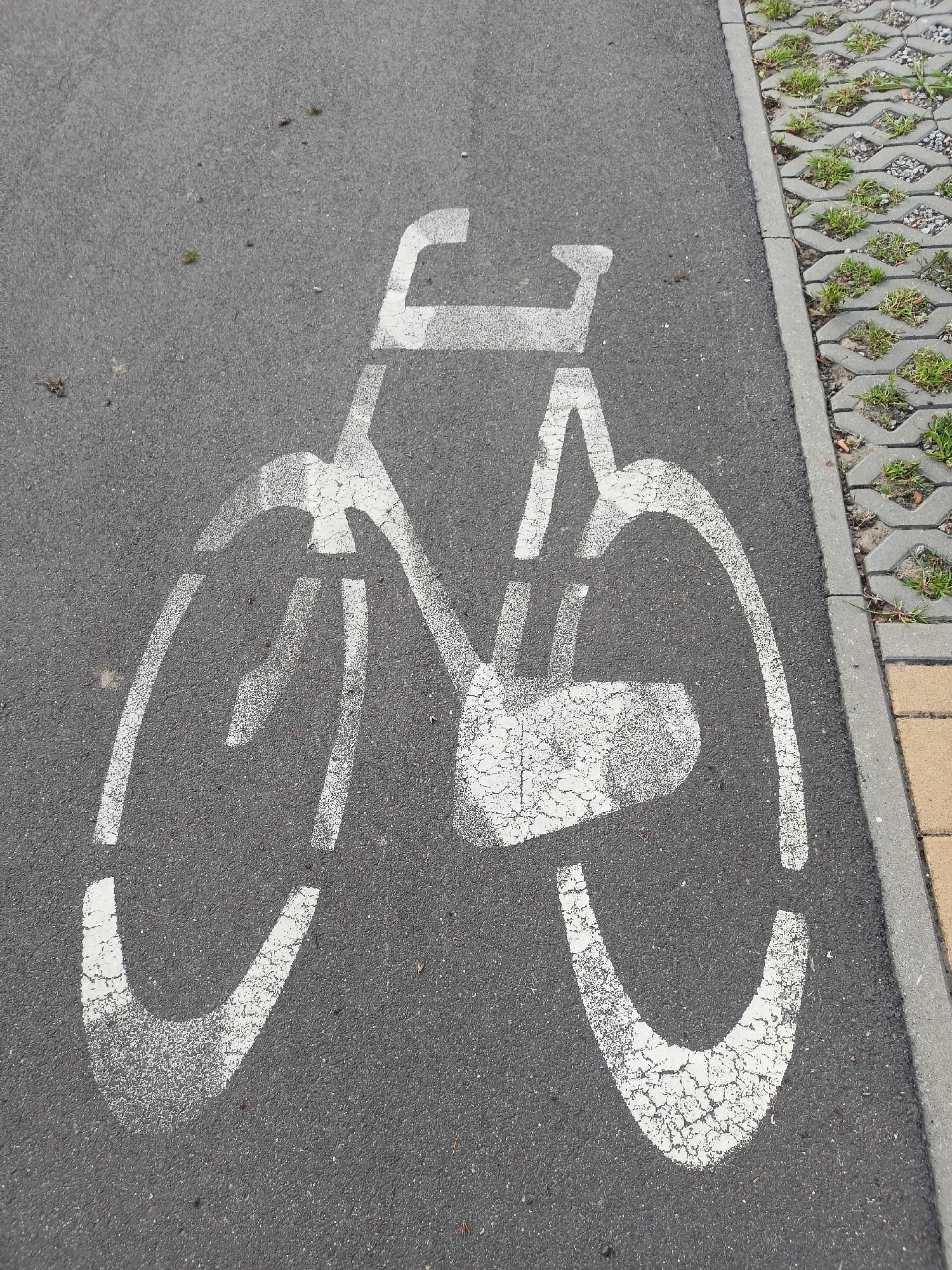A white bicycle symbol is stenciled on a dark gray asphalt surface, indicating a bike lane. The symbol is comprised of a frame, two wheels, and handlebars. The paint is worn and cracked in places, suggesting age and use. To the right of the asphalt, there is a concrete border, followed by an area of grey concrete pavers with small patches of green grass growing between them. A strip of yellow paving stones is visible at the far right edge of the image. This scene is likely located on a street or path in Grudziądz, Poland, designed for bicycle traffic.
