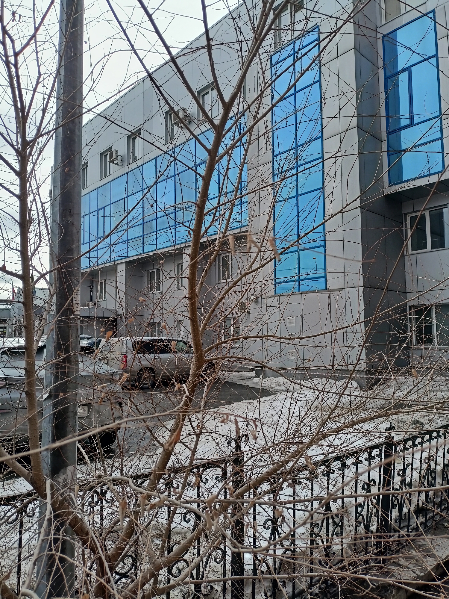 The image depicts a gray-clad building with blue-tinted windows, likely an office or commercial structure, in what appears to be a city environment. It is located in Novosibirsk, Russia. There are leafless trees and a black wrought iron fence in the foreground. Several parked vehicles are visible, suggesting a street or parking area in front of the building. Patches of snow remain on the ground, indicating a cold climate. A utility pole stands to the left of the building.