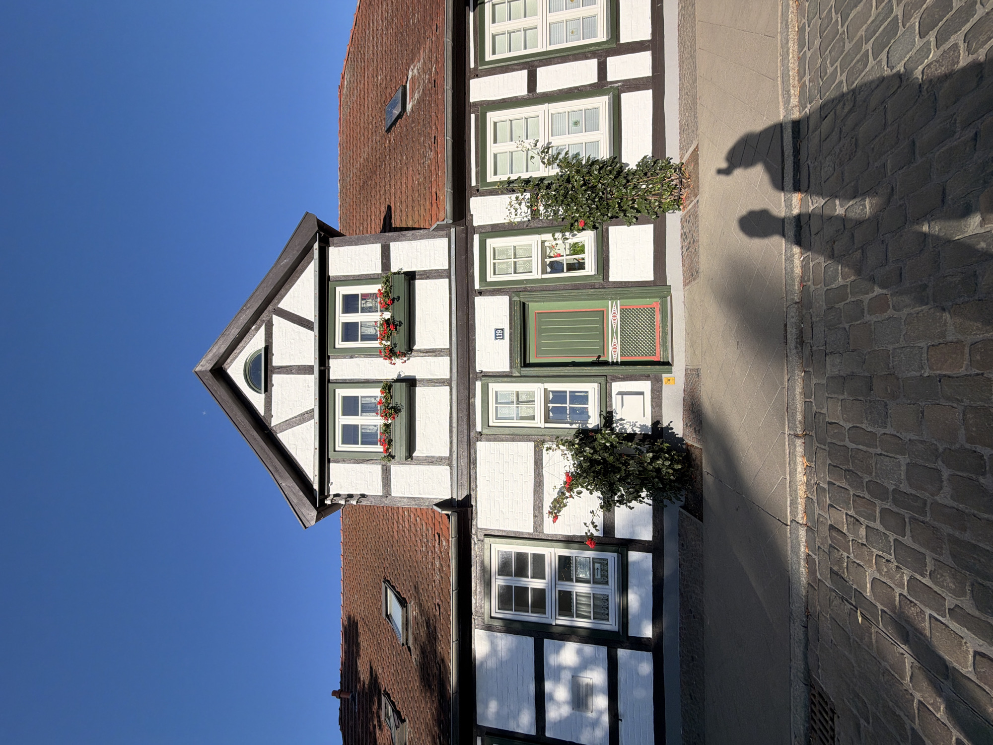 The image captures a charming, traditional half-timbered house with a red tile roof, set against a clear blue sky. The house features white plaster walls with dark wood beams, and green-trimmed windows, some adorned with red flowers in window boxes. A green door is centrally located on the ground floor, marked with the number "119". Two prominent shadows of people are cast on the cobblestone street and sidewalk in the foreground, suggesting their presence just outside the frame. Lush green bushes flank the entrance. The setting appears to be a historic street in Rostock, Germany, given the architectural style and cobblestone paving.