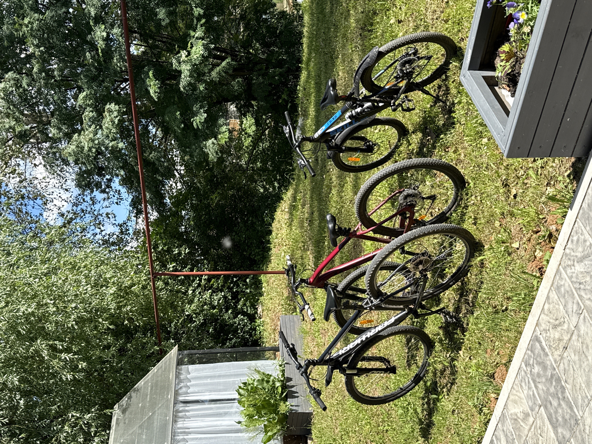 Three bicycles are parked on a grassy area next to a patio with a flower planter. The bicycles are a blue and white mountain bike, a red mountain bike, and a black mountain bike. The bicycles are all upright and appear to be in good condition. The flower planter is made of dark gray wood and contains purple and yellow flowers. The patio is made of gray stone tiles. The background is a lush green forest. The sun is shining and the sky is blue. The image appears to have been taken on a sunny day. The bicycles are parked in a way that suggests they are ready to be ridden. The scene is peaceful and serene. The location is likely a residential area.