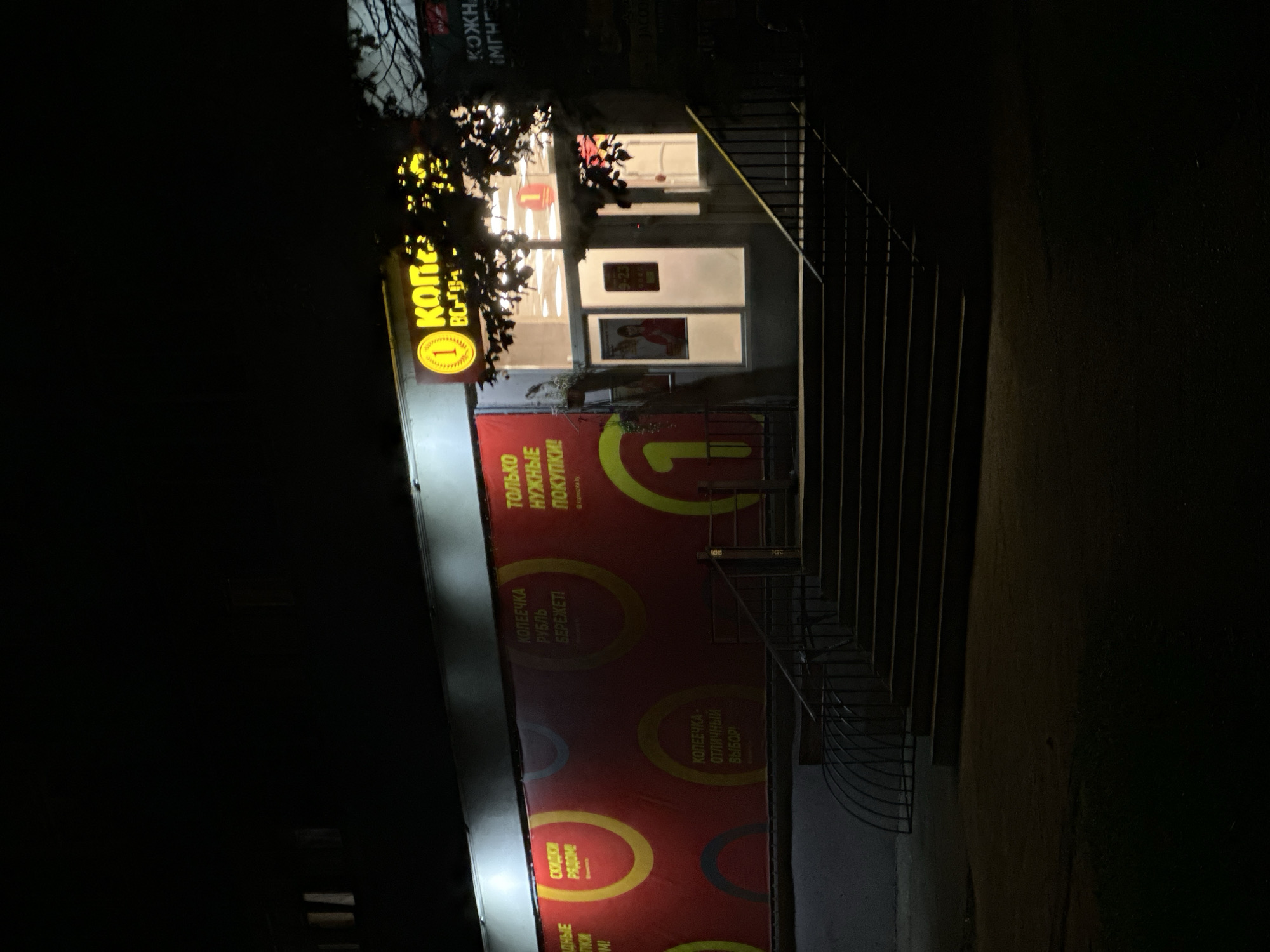 The image shows the exterior of a "Kopeyka" store in Minsk, Belarus, at night. The store's facade is illuminated by a bright yellow sign with the store's logo, featuring the number "1" inside a circle, and the text "КОПЕЙКА BG". A large red banner with yellow text and circles runs along the storefront, advertising sales and "necessary purchases". The entrance to the store is visible with glass doors and interior lighting. A set of concrete stairs with metal railings leads up to the entrance. Trees with illuminated foliage are visible in the foreground, casting shadows. The surrounding environment is dark, indicating it is nighttime.
