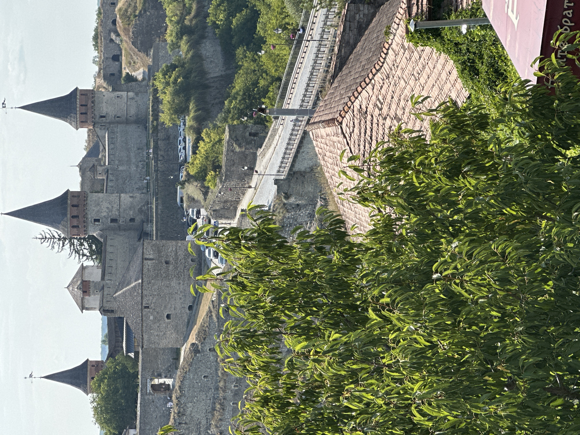 This image shows a view of the Kamianets-Podilskyi Castle in Kamianets-Podilskyi, Ukraine. The castle, a large stone fortress with multiple towers, is situated on a hill. In the foreground, a dense green tree with lush leaves partially obscures the view. A bridge with railings and lampposts crosses a ravine in front of the castle, with cars and pedestrians visible on it. Beyond the bridge, a road winds up the hill towards the castle entrance, with several parked cars. The landscape is characterized by stone walls, green trees, and a clear sky. The lower right portion of the image shows a red awning with some Cyrillic text.