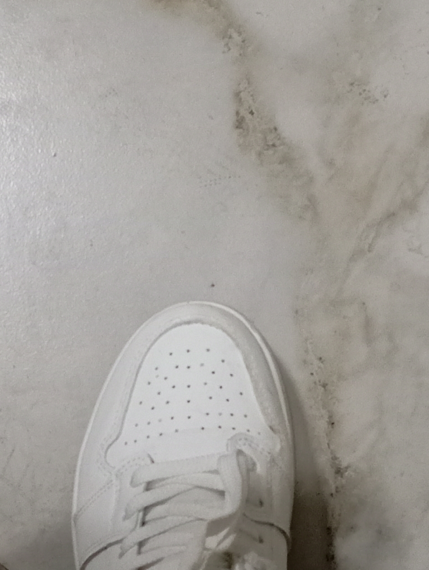 A single white sneaker is positioned on a light-colored, patterned surface. The sneaker's toe box, laces, and a portion of its side are visible. The background surface appears to be a type of tile or stone. The image is captured from an overhead perspective. There is no indication of Krasnodar, Russia, or any other city information in this photo. No people are visible in the image.
