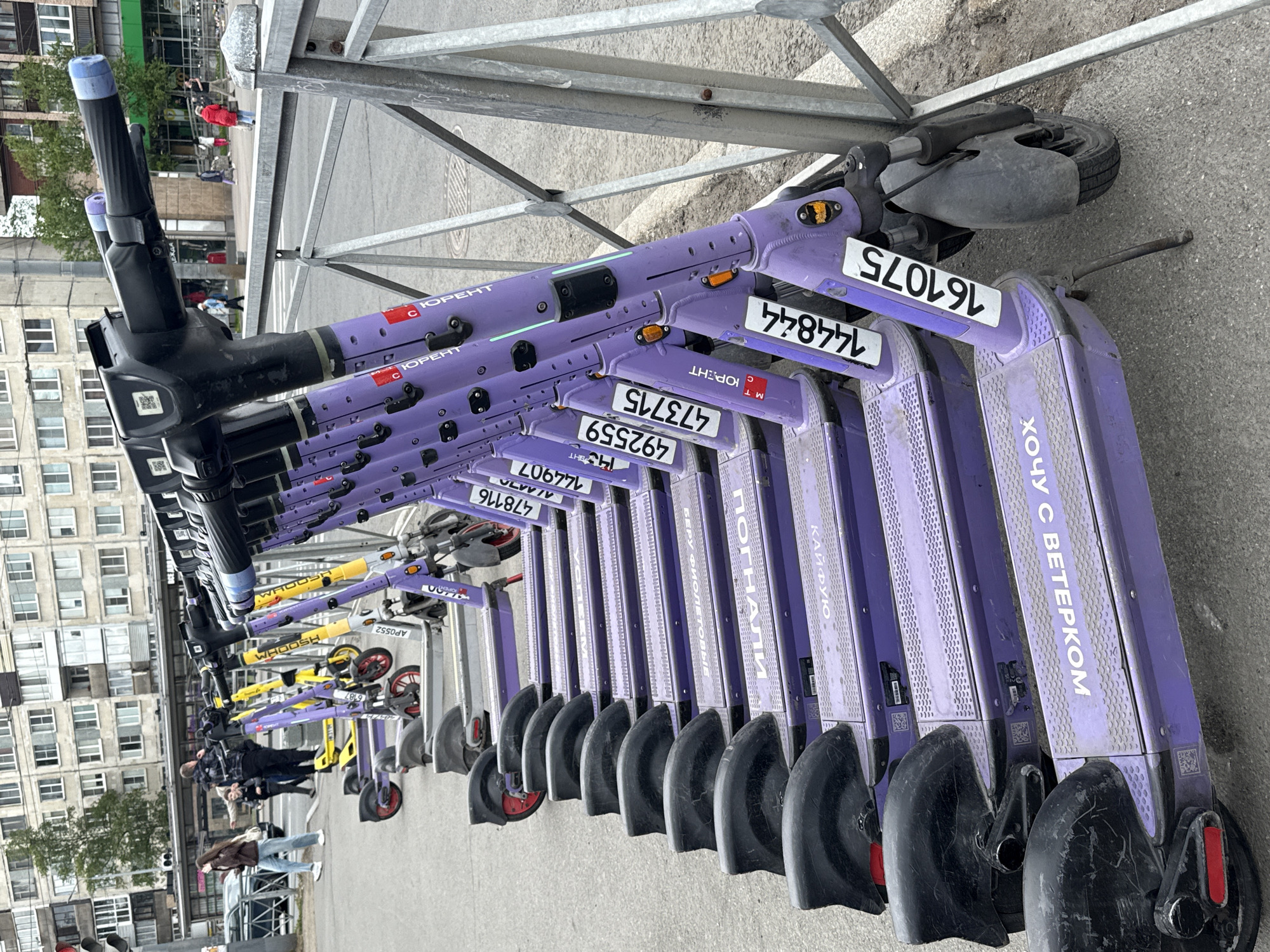 The image shows a row of electric scooters lined up on a sidewalk in Saint Petersburg, Russia. The scooters are primarily purple and have white lettering in Russian. Each scooter has a unique identifying number prominently displayed. People are walking in the background, and buildings can be seen across the street. The scooters are parked near a metal fence.
