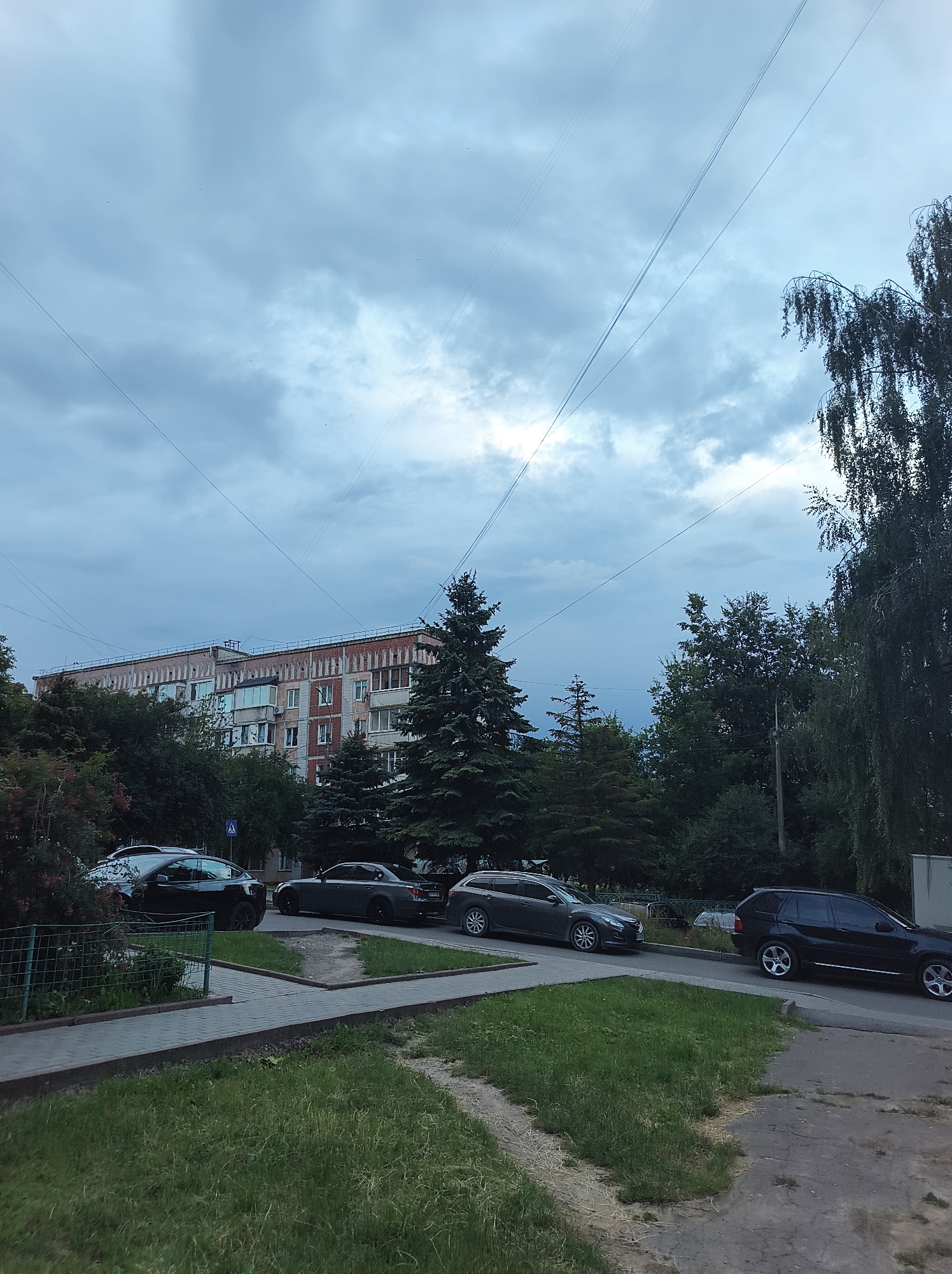 The image captures a street scene in Ternopil, Ukraine, on a cloudy day. In the background, a multi-story apartment building with a red-brick facade is visible, characterized by a row of windows and balconies. Several tall evergreen trees and other deciduous trees surround the building and line the street. In the foreground, a paved walkway runs alongside a grassy area. Parked cars are situated along the street, including a black SUV, a dark sedan, and another dark station wagon. Overhead, power lines crisscross the sky, adding a utilitarian element to the urban landscape. The overall impression is one of a typical residential area in an Eastern European city, characterized by Soviet-era architecture and abundant greenery.