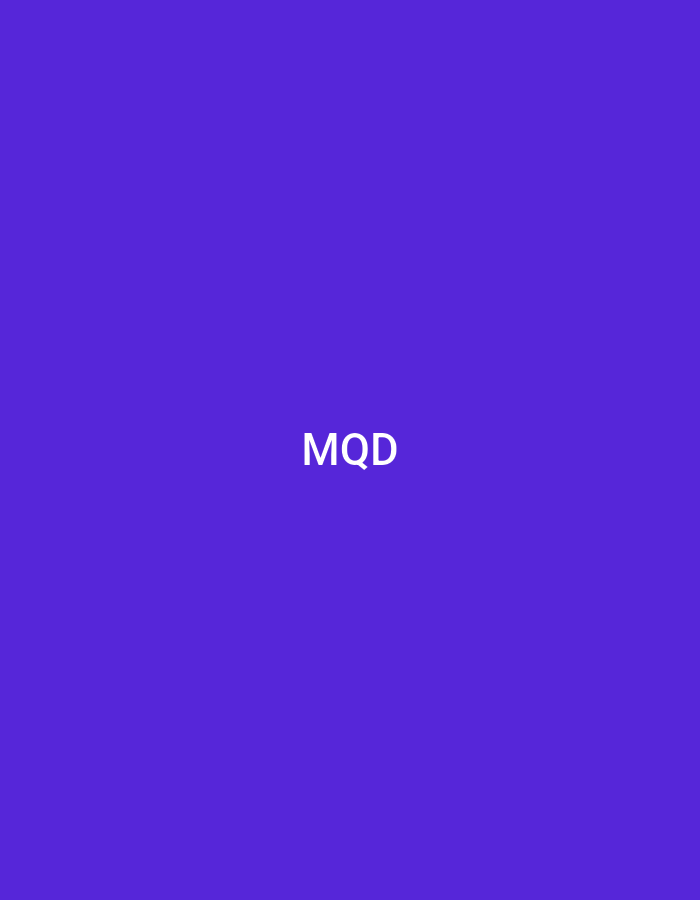 The image displays a solid, uniform royal purple background. Centrally positioned on this background, in white uppercase sans-serif typography, are the letters "MQD". The text is sharply rendered and appears digitally generated. There are no discernible people, subjects, objects, actions, interactions, or environmental elements depicted within the visual frame. This graphic representation is located in the city of Casablanca, Morocco.