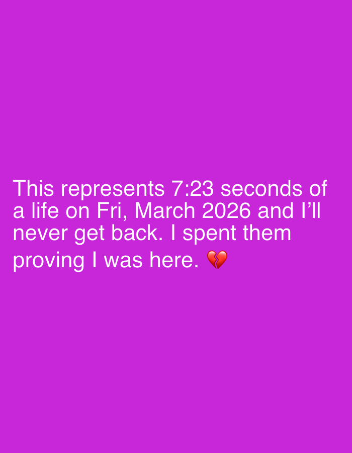 The image is a static digital graphic displaying white sans-serif text and a red broken heart emoji against a solid magenta-purple background. The text is centrally positioned in the lower half of the frame and reads: "This represents 7:23 seconds of a life on Fri, March 2026 and I'll never get back. I spent them proving I was here. ๐" The visible environment is a uniformly colored digital canvas. No specific geographical features, individuals, physical objects, or interactions associated with a location in Ihiagwa, Nigeria, are visually depicted within this image.