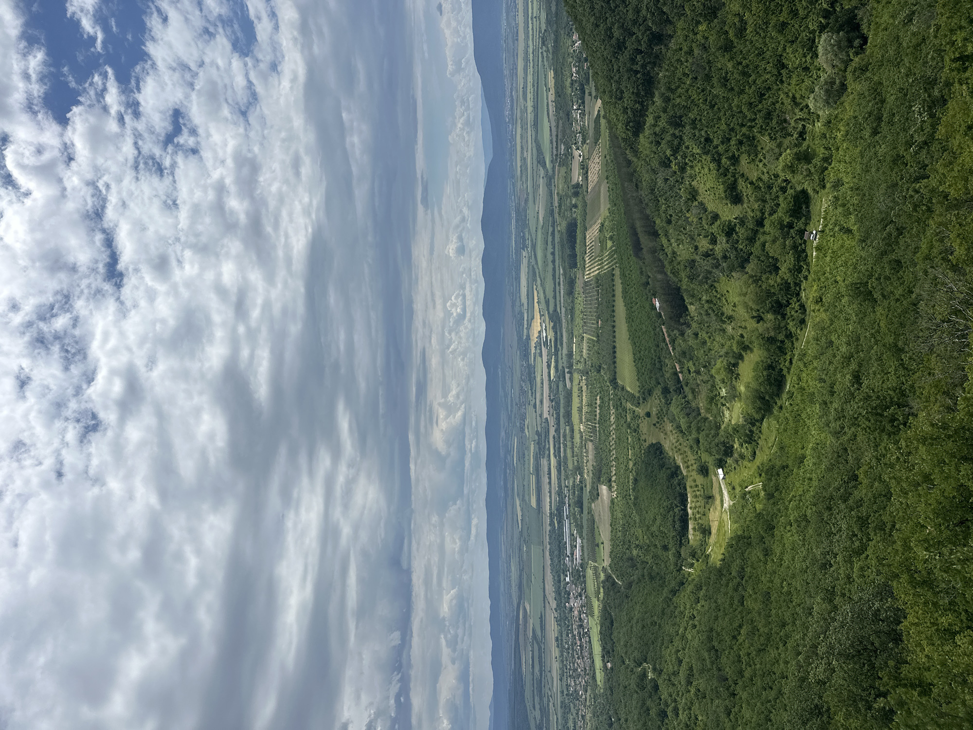 The image presents a landscape featuring a forested slope on the right, transitioning to agricultural fields and settlements toward the center. In the distance, rolling hills are visible under a partly cloudy sky. The image may be from Marash, Bulgaria.