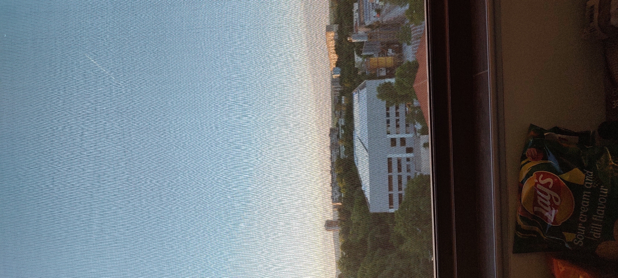 The image depicts a view from behind a window screen. Outside, there is a cityscape with a tall, white building with dark windows prominent in the center. Green trees surround the building. The sky is light blue fading into a bright, almost white, area near the horizon. To the right of the window frame, a bag of Lay's Sour Cream and Dill flavor chips is visible. The location is unknown.