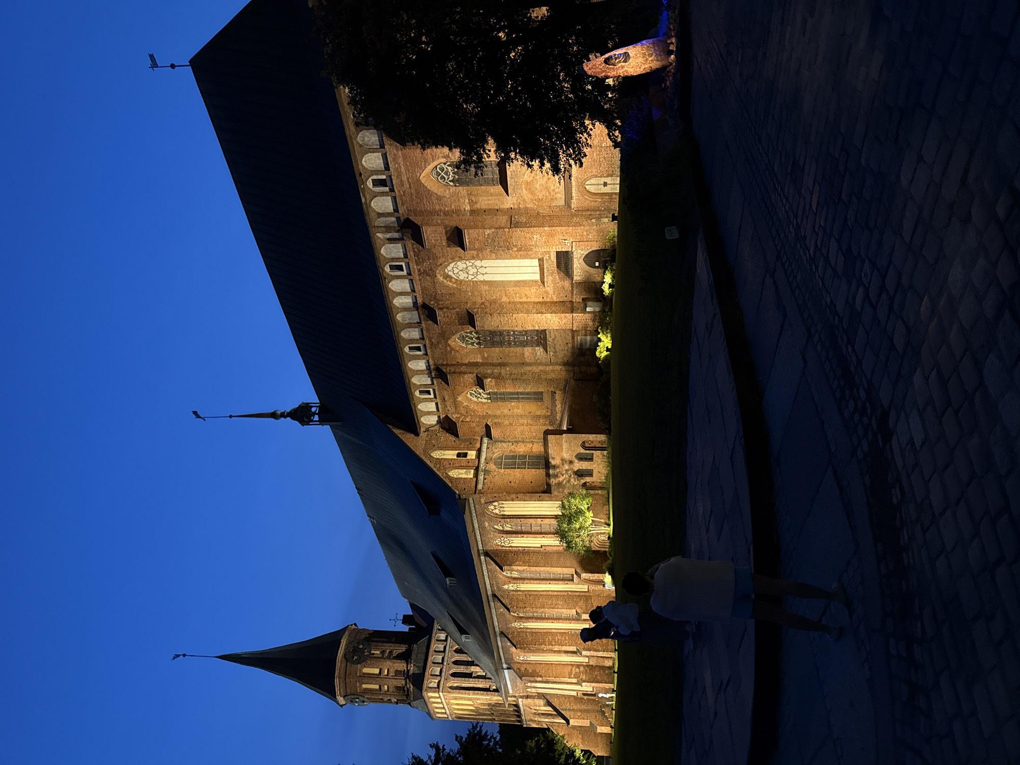 The image shows a brick cathedral with a tall spire, illuminated by artificial lights at dusk or night. The sky is a deep blue. In the foreground, there are several people standing on a cobblestone path and a paved area. A large tree with intricate lighting is visible to the right of the cathedral. The cathedral is the Königsberg Cathedral, located on Kant Island in Kaliningrad, Russia.