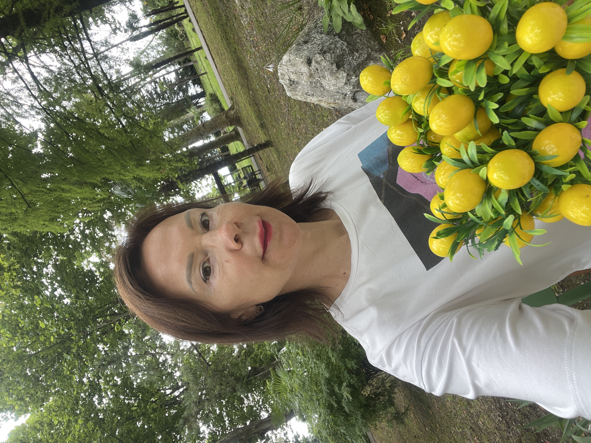 A woman with shoulder-length brown hair is taking a selfie in a park. She is wearing a white t-shirt with a graphic design on it and is holding a bunch of artificial lemons. The woman is standing in front of a large rock, with trees and a paved path visible in the background. The park appears to be in a city, possibly Abaata, Abkhazia, given the dense foliage and mature trees. The lighting suggests it is daytime, possibly overcast.