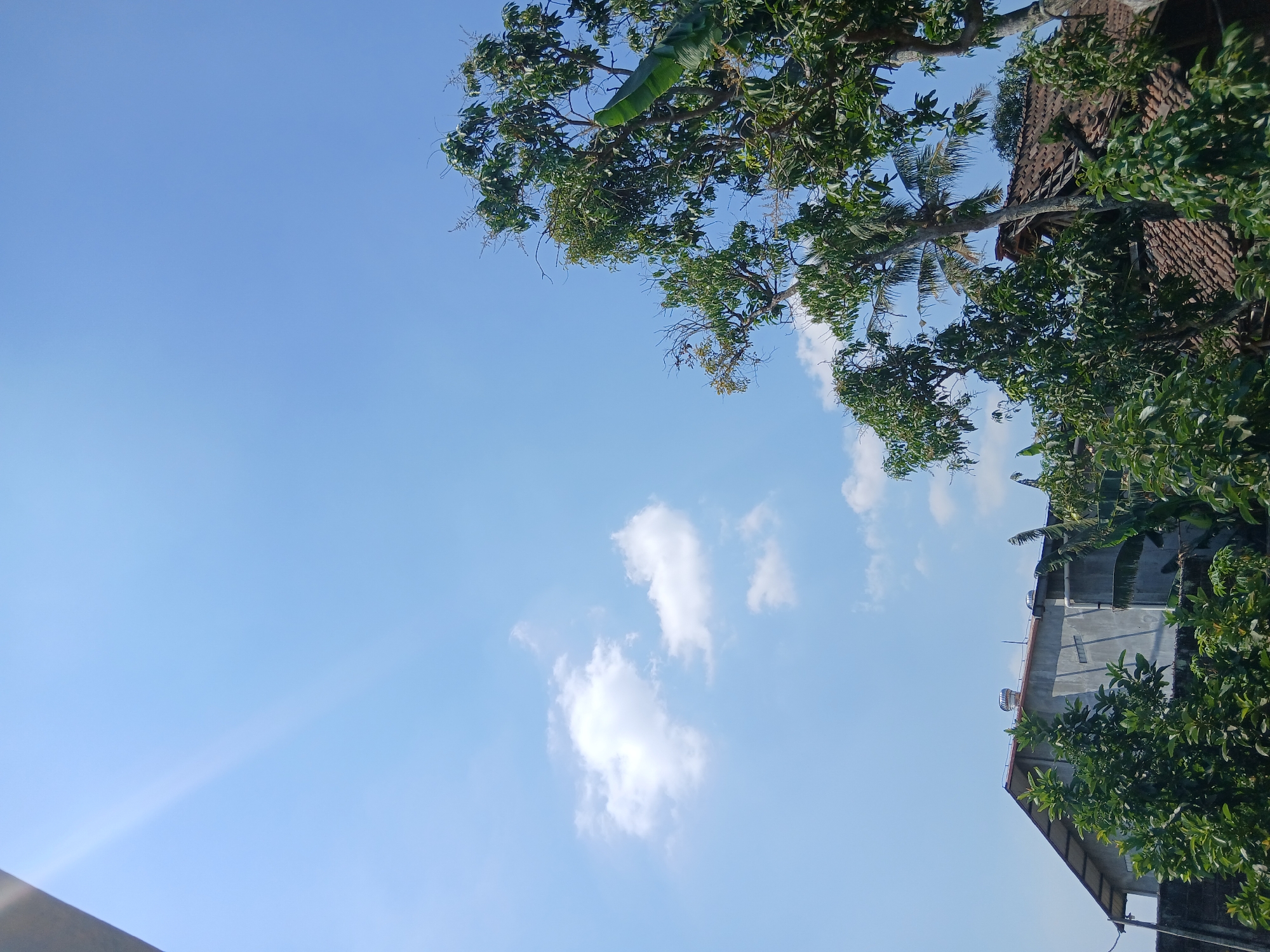 The image captures a clear, bright blue sky with scattered white clouds over a residential area in Kademangan Kulon, Indonesia. In the foreground, lush green trees with dense foliage dominate the lower portion of the frame. A notable feature is a two-story building with a gray, unfinished concrete facade and a pitched roof covered in gray material. Two wind-driven turbine ventilators are visible on the roof. To the right of this building, another structure with a traditional tiled roof, showing some signs of disrepair, is partially obscured by the trees. The overall impression is a sunny day in a tropical or subtropical environment, likely with residential housing and abundant vegetation.