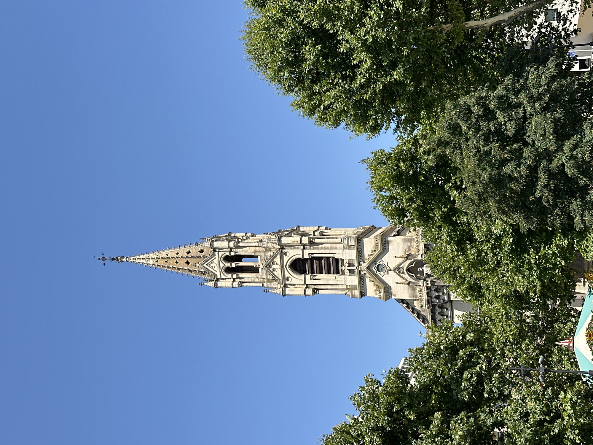 This is a photograph taken in Nîmes, France, on a clear, sunny day. The image is oriented vertically, with the top of the frame showing a bright blue sky. Dominating the center of the frame is the spire and upper section of a stone church tower, likely a cathedral, exhibiting Gothic architectural elements such as ornate carvings, pointed arches, and small spires. The tower is partially obscured by lush green trees with dense foliage, framing the structure from the top and right sides of the image. The sunlight suggests it is daytime, likely mid-morning or afternoon given the clear skies and the strong illumination on the tower. No people are visible in the image. The scene conveys a sense of historical grandeur and the peaceful coexistence of urban architecture with nature.
