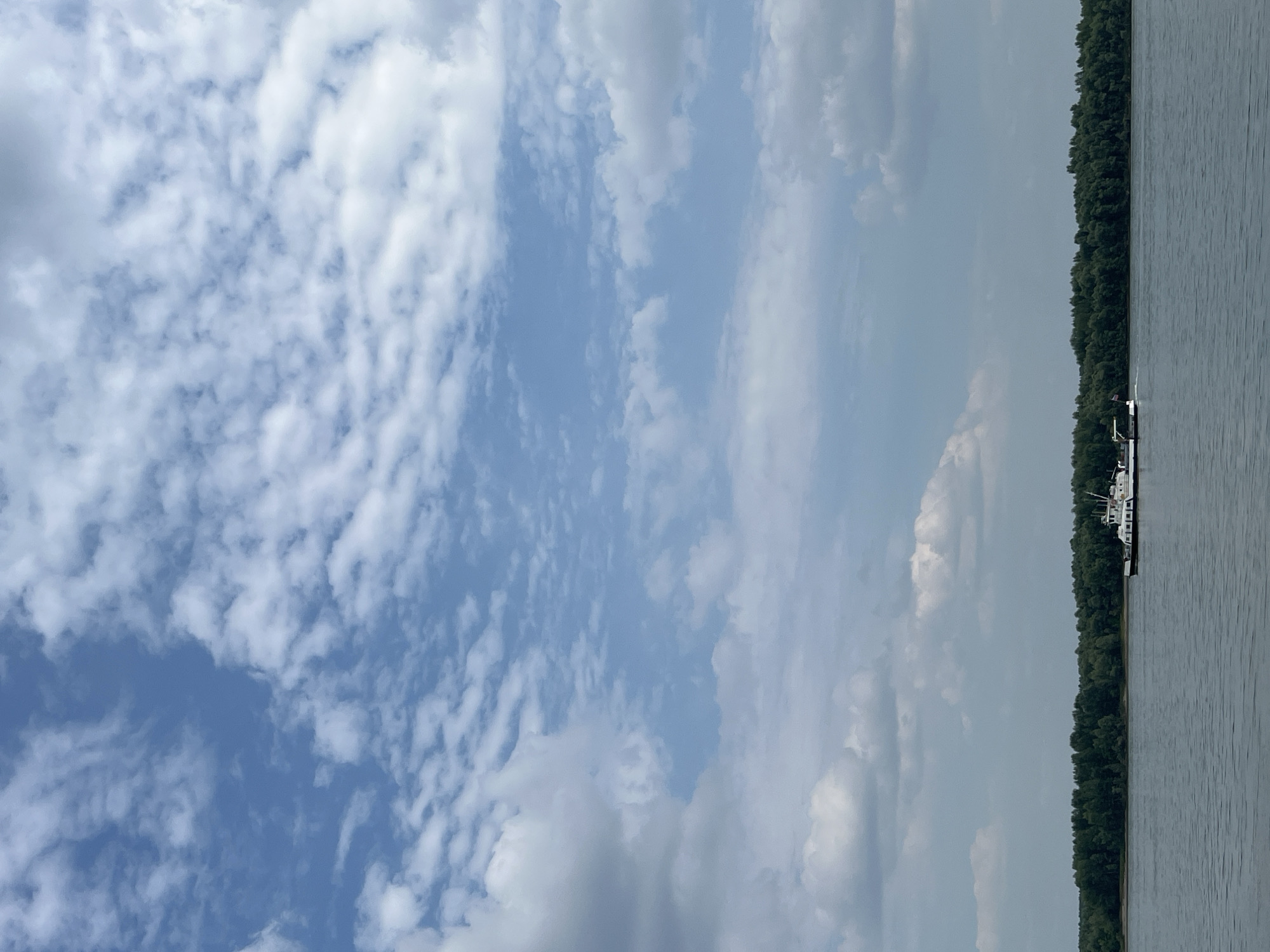 A wide, calm river flows in the foreground, reflecting the sky above. A long, white ferry boat with multiple decks and a dark hull is positioned on the right side of the river, moving from left to right. In the background, a dense line of green trees forms a treeline along the riverbank. The sky is a bright blue, populated with scattered white cumulus clouds of varying sizes and densities. The scene suggests a serene day on the water, likely in a natural or semi-rural setting.
