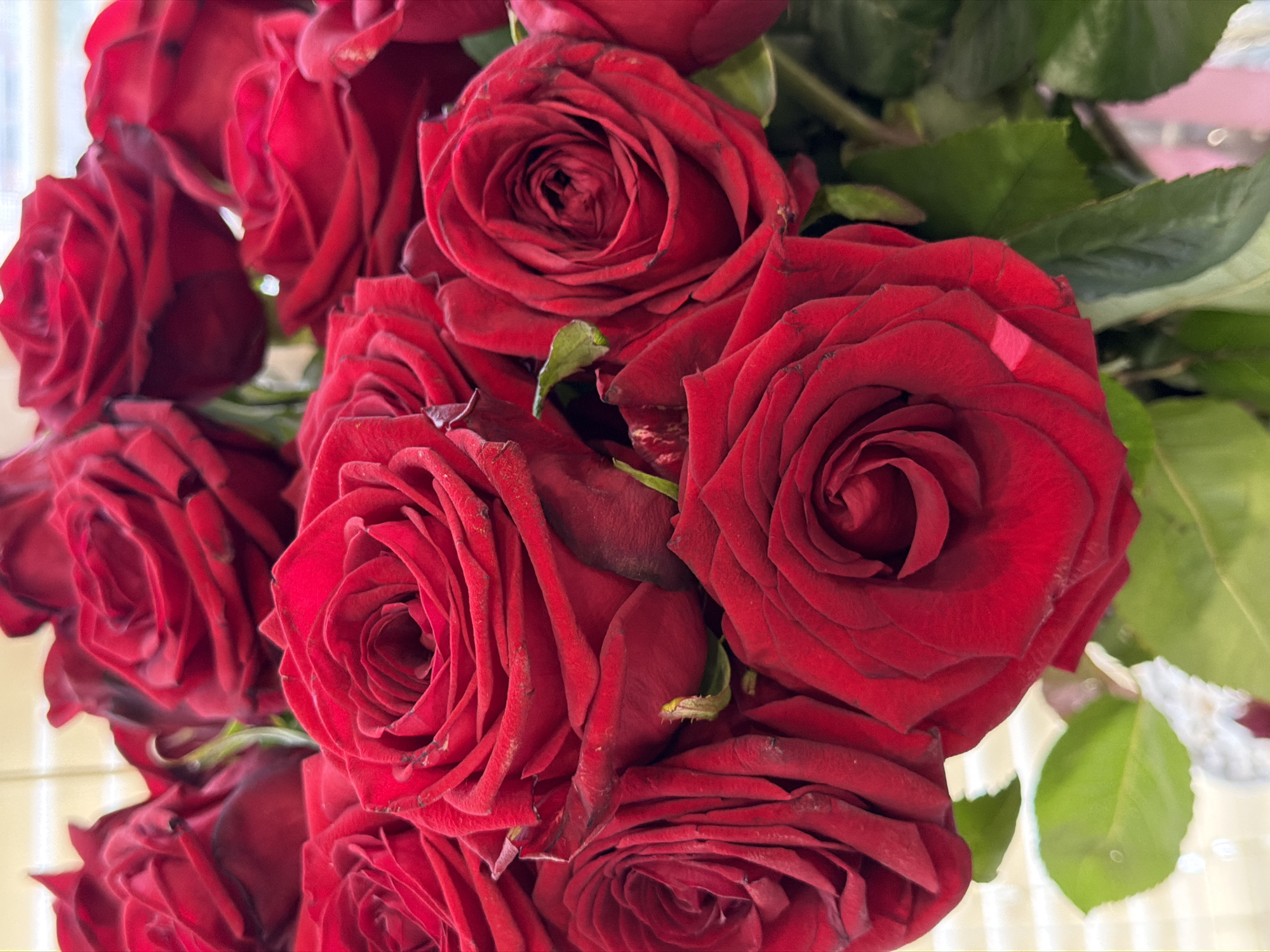 A close-up photograph depicts a cluster of dark red roses, some with green leaves visible, likely arranged in a bouquet. The roses are in various states of bloom, with tightly furled centers and outwardly unfurling petals. The background is blurred, reflecting light. There is no information in the image about the city of Chaikovsky, Russia.