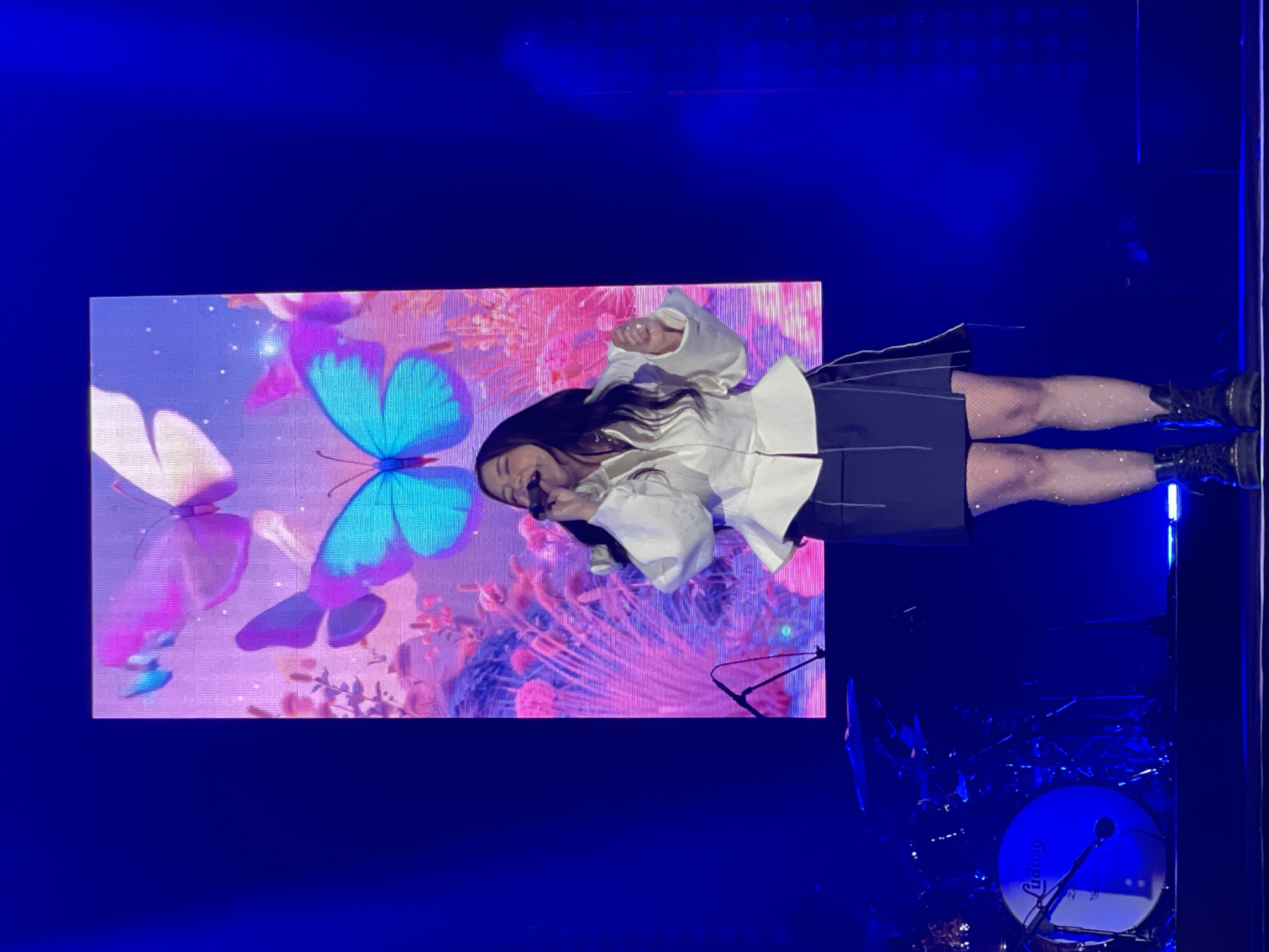 A woman is singing on a stage in front of a large video screen displaying a butterfly image. She is wearing a white top, a dark skirt, and dark boots. She is holding a microphone. To the right of the stage is a drum set. The stage is illuminated with blue lighting. The specific location in Salembaran, Indonesia, cannot be determined from the image.