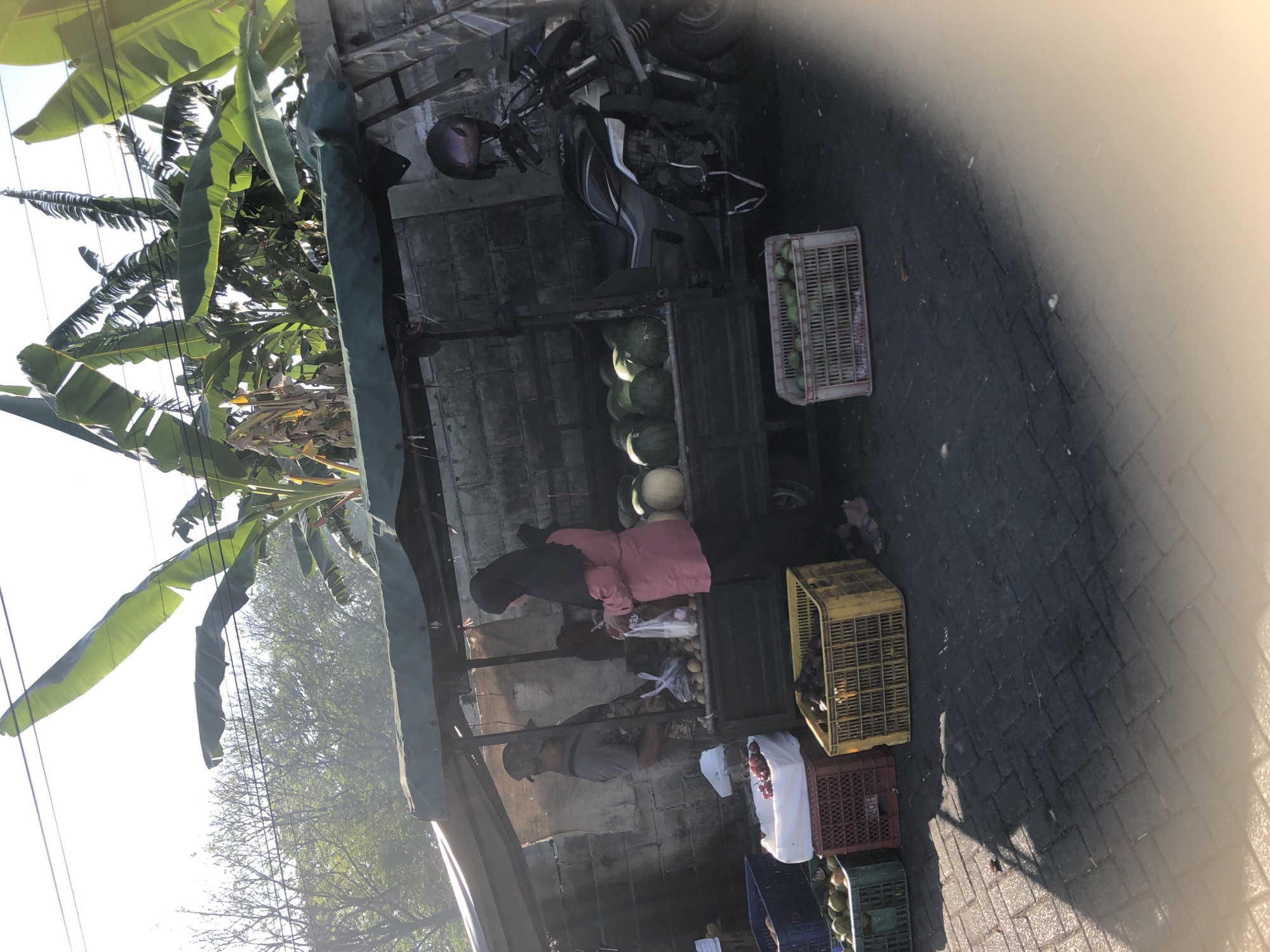 The image depicts a street-side fruit stand in Boro, Indonesia. A man wearing a hat stands behind a stall laden with fruits, including watermelons and what appear to be potatoes. A woman in a hijab and a pink top is interacting with the man, holding a plastic bag. Several crates filled with fruits are visible on the ground, along with a motorcycle parked to the right of the stall. Banana trees are prominent in the background, suggesting a tropical environment. The scene is illuminated by natural light, casting shadows on the paved ground.