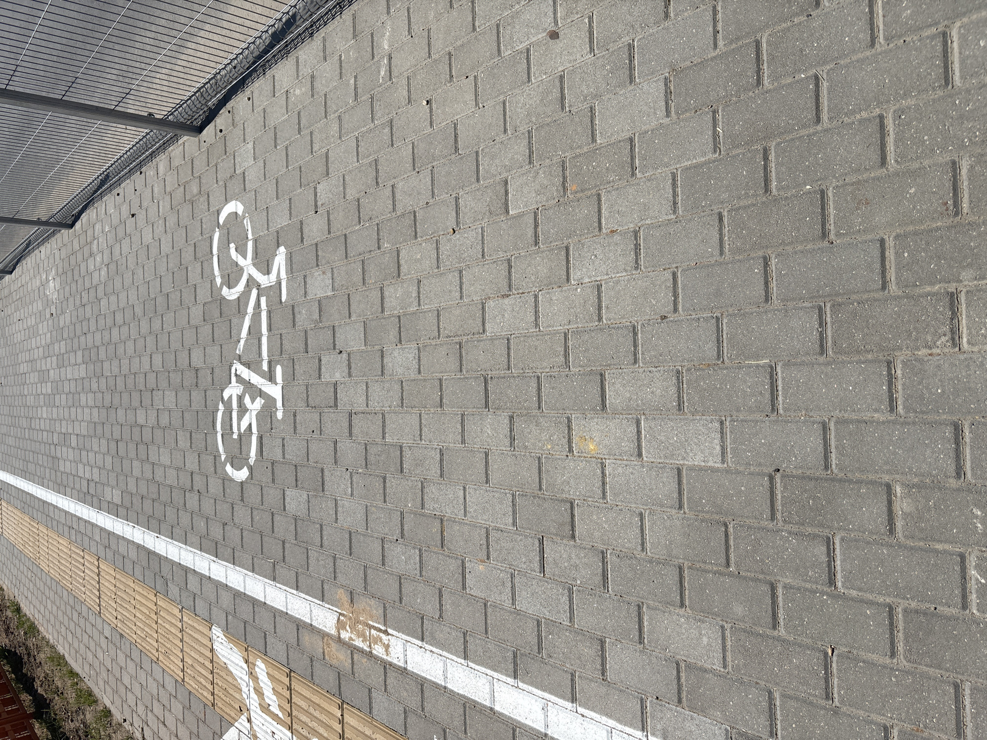 The image depicts a paved walkway or bike path constructed of grey interlocking bricks. A white line runs parallel to a strip of textured yellow tactile paving, indicating a designated path for pedestrians or cyclists. A white stencil of a bicycle is painted on the bricks, signifying a bike lane. In the background, a metal chain-link fence runs along the right side of the path. The scene is outdoors, under natural daylight, with patches of dry grass visible to the left of the path. The overall impression is one of urban infrastructure, likely in the city of Smalyavichy, Belarus, given the context. There are no people or animals visible in the image.