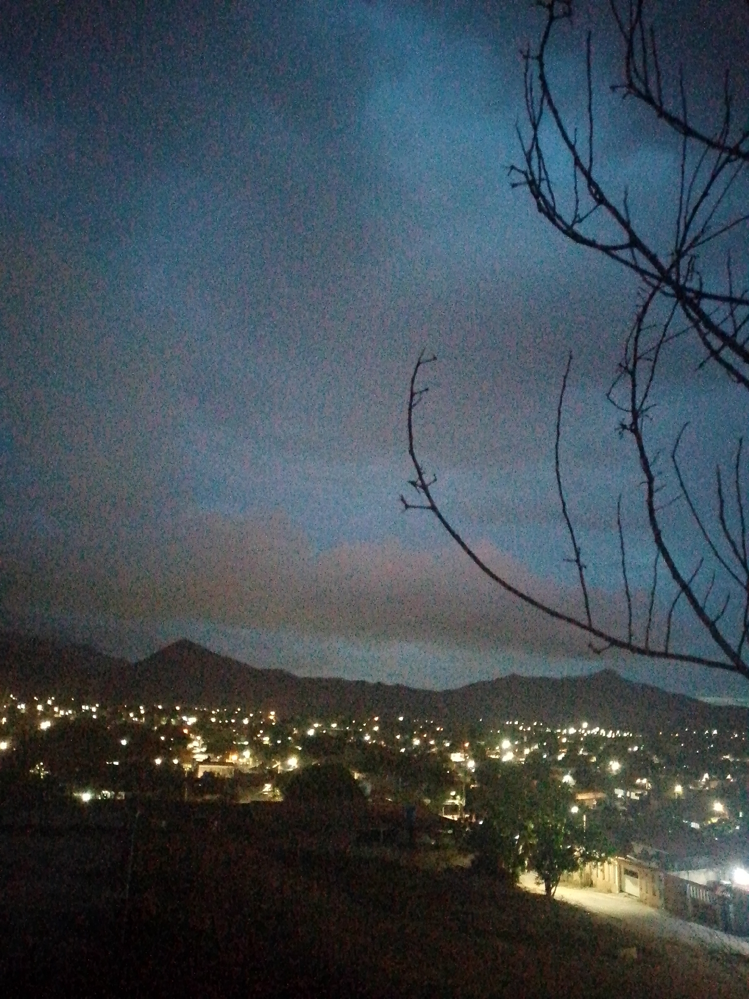 The image depicts a nighttime view of Juan Griego, Venezuela, from an elevated position. The sky is a dark blue-grey with cloud cover. In the middle ground, the illuminated town is visible with scattered yellow lights, indicating buildings and infrastructure. Dark silhouettes of hills or mountains form the horizon. The foreground is obscured by dark vegetation, and bare tree branches are silhouetted against the sky in the right portion of the image. There are no people visible in the scene. The general atmosphere is calm and quiet due to the late hour.