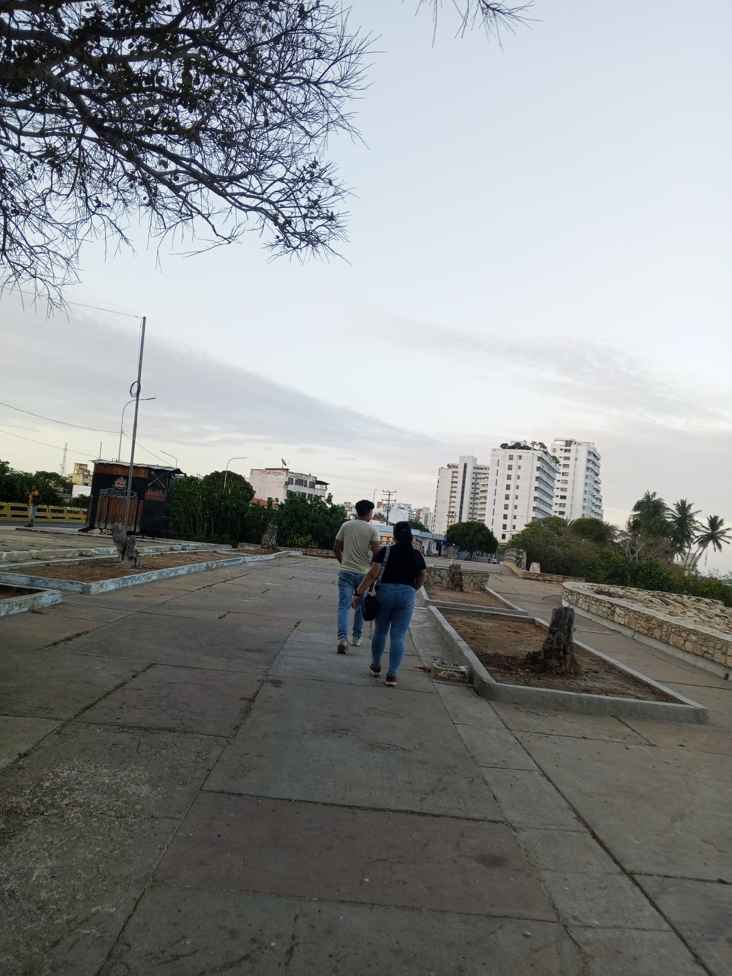 Two people are walking away from the camera on a wide concrete path. The person on the left is wearing a light-colored t-shirt and blue jeans. The person on the right is wearing a black t-shirt and blue jeans. There are trees to the left and right of the path, as well as several buildings in the distance. To the left is a kiosk-style building. The location is in the city of Unknown, Unknown.