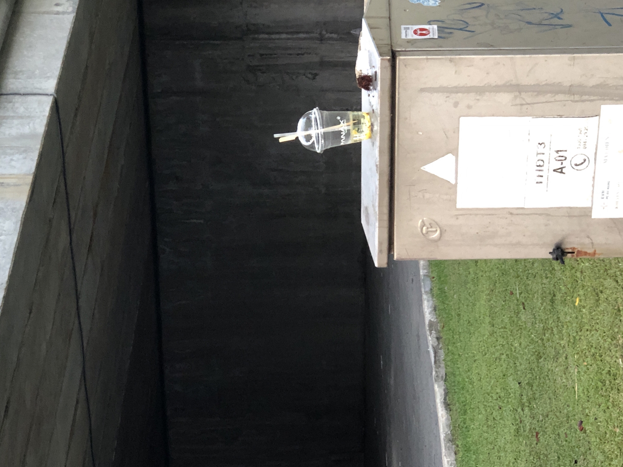 In Đà Nẵng, Vietnam, under an overpass, a clear plastic cup with a lid and two straws sits on top of a metal utility box. The cup contains a yellow liquid and what appears to be pieces of fruit, possibly lemon. Next to the cup, a small piece of dark cake or pastry lies on the surface of the box. The utility box is weathered and has various stickers and markings on it, including a white triangular sticker, a label with text that reads "THDT3 A-01", and a circular sticker with a red graphic. A section of green grass is visible to the left of the box, bordering a paved surface that extends towards the shadow of the overpass. The background is dark, with the textured concrete walls of the underpass visible.