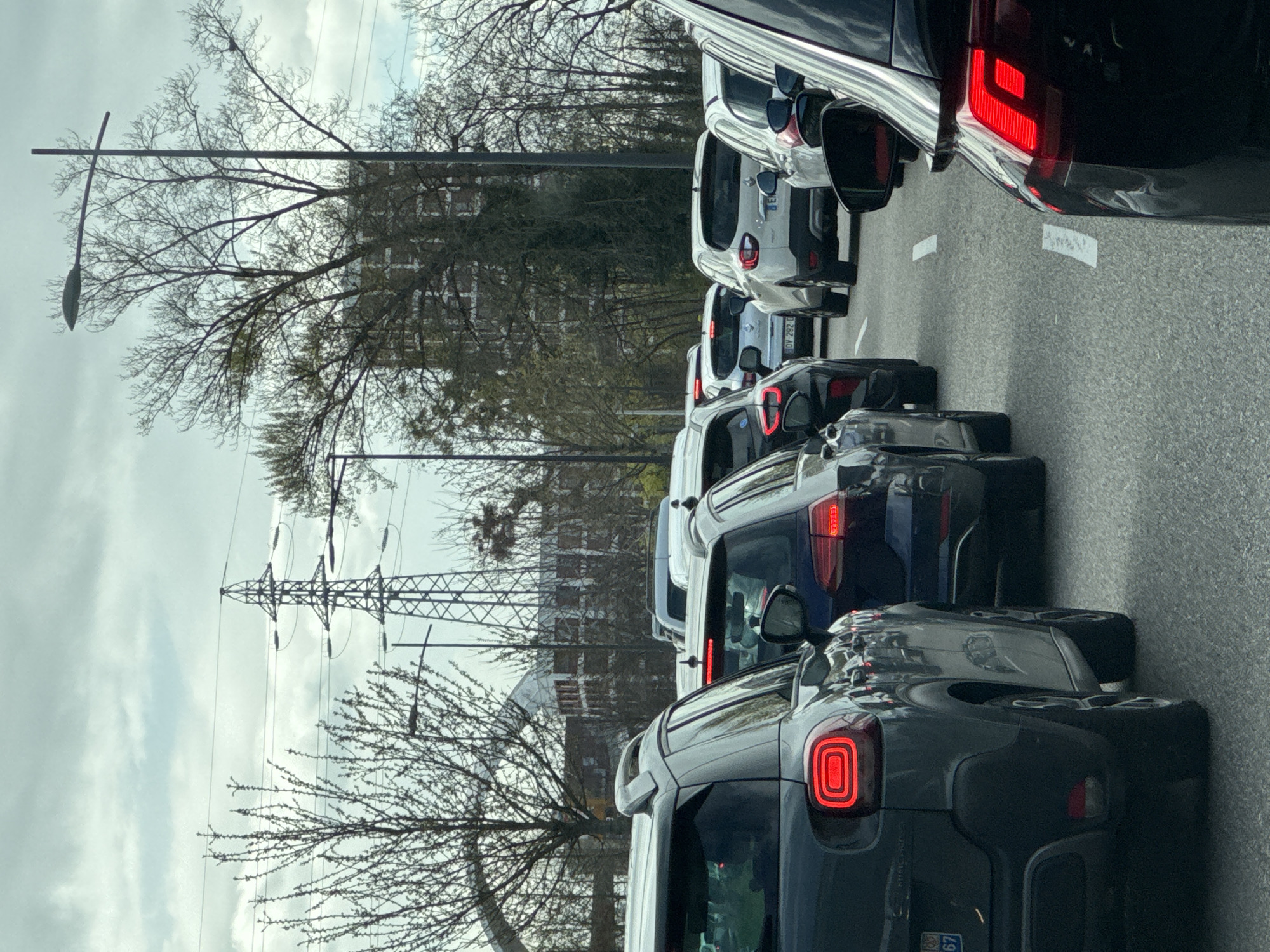 The image shows a line of cars in heavy traffic on a road in Strasbourg, France. The cars are a mix of colors including gray, white, and dark blue. The scene is outdoors, with leafless trees and power lines visible in the background. The sky is overcast. The brake lights of some of the cars are illuminated. The road is paved and has lane markings. Buildings can be seen in the distance. The image is taken from a vehicle within the traffic jam.