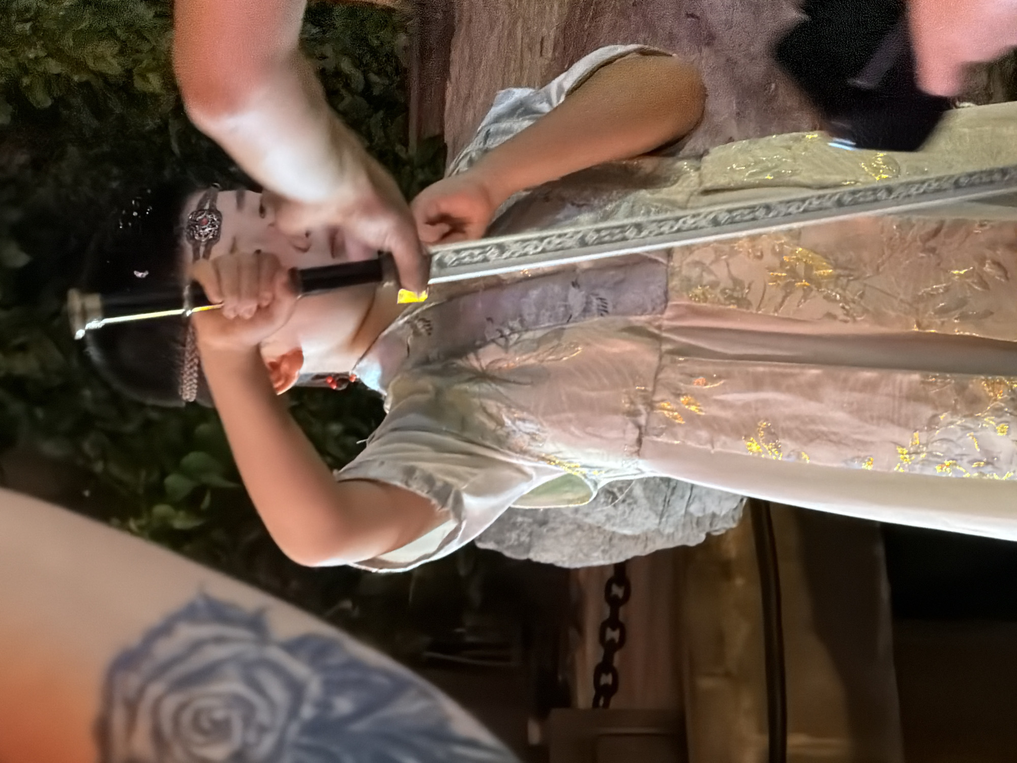 In the city of Yuzhong District, China, a child is depicted holding a sword with a silver hilt and a decorative blade sheath. The child is wearing a white and gold ornate garment and a jeweled headband. A large, blurred blue rose tattoo is visible on the left side of the image, and a hand is seen on the right, partially obscuring the child's face. The background consists of greenery and dimly lit structures, suggesting an outdoor setting.
