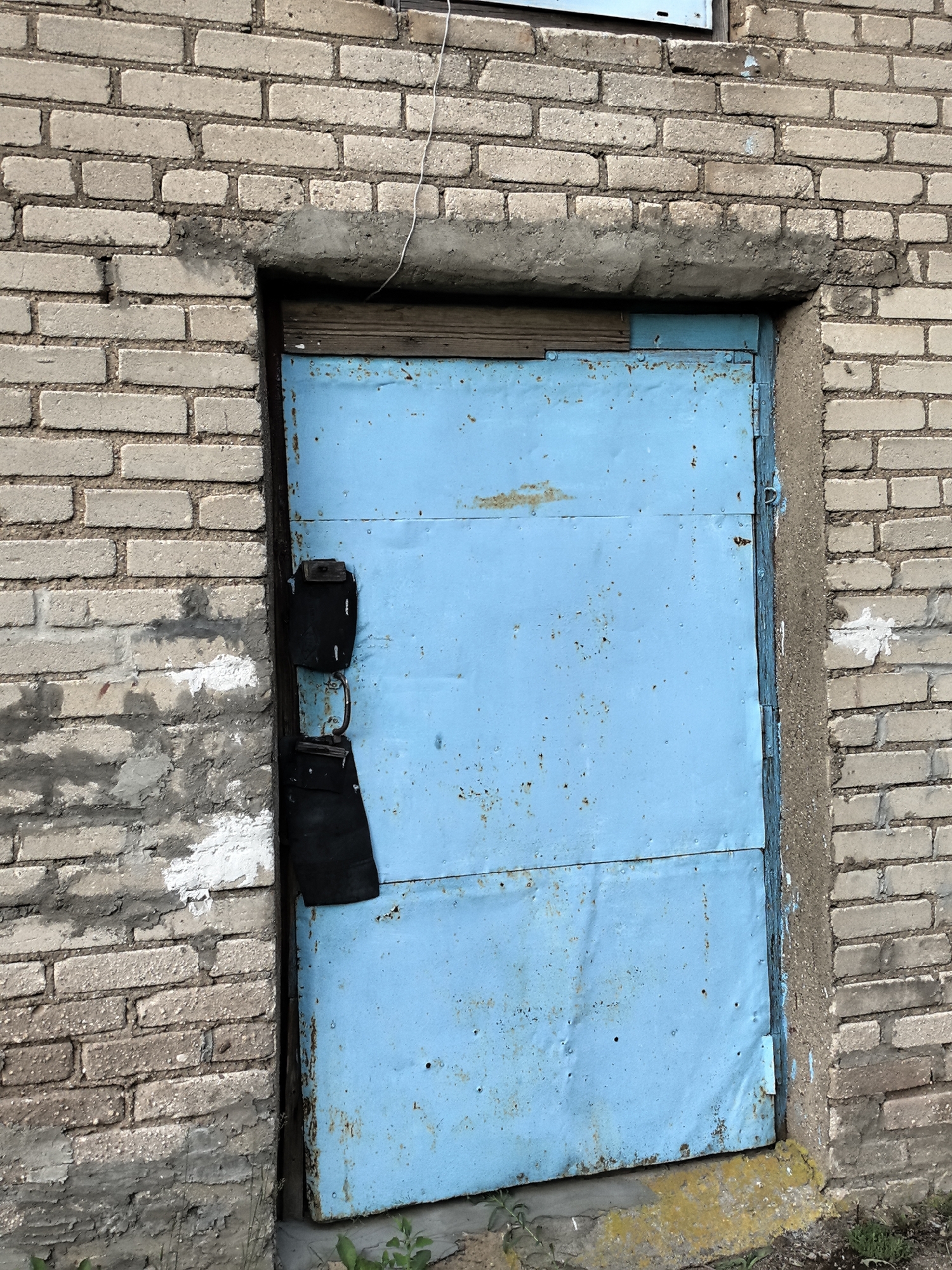 The image shows a close-up, vertical view of a weathered, blue metal door set into a brick wall. The door is composed of two horizontal panels, showing signs of rust and wear. Two black, metal hasps are attached to the left side of the door, one above the other, suggesting a locking mechanism. The brick wall surrounding the door is made of light-colored bricks with visible mortar lines, some of which appear to be deteriorating. The top of the doorway has a rough concrete lintel. The bottom of the door frame rests on a concrete threshold that is partially covered by a yellow substance. Some green plants are visible at the very bottom of the image. The scene appears to be outdoors, in an urban or industrial setting, with no people present.
