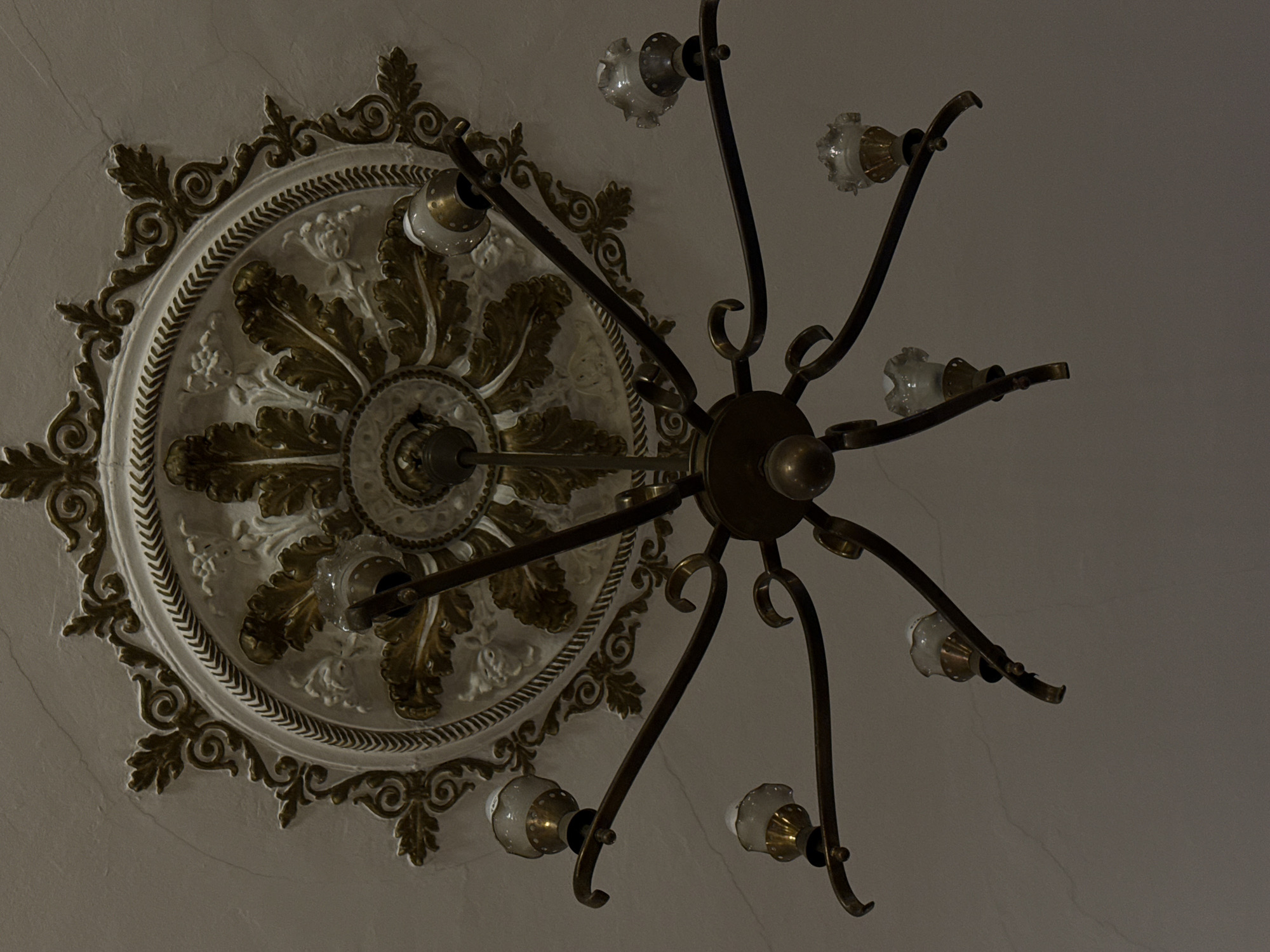 The image presents an upward view of a ceiling in an indoor setting, featuring a chandelier and an ornate ceiling medallion.
The primary subject is a multi-armed chandelier crafted from dark-toned metal, likely brass or bronze. It has eight curved arms extending outwards, each terminating in a light socket holding a clear, textured, small bulb. The central body of the chandelier is also metallic, anchoring the arms.
Directly above the chandelier, attached to the ceiling, is a large, circular ceiling medallion or rosette. This decorative element is predominantly white with intricate raised relief patterns that are highlighted in a gilded or golden color. The patterns include a central design of acanthus leaves, surrounded by a border of scrollwork and what appears to be a rope or braid-like motif. The medallion itself sits on a light-colored, possibly off-white or light grey, ceiling. The ceiling shows visible signs of age, with several hairline cracks traversing its surface.
The overall lighting in the image is dim, contributing to a somewhat subdued atmosphere. There is no activity taking place, as it's a static shot of architectural details. No people are present, and no text is visible. Given the ornate style of the medallion and chandelier, combined with the location context, the scene is consistent with an older building in Sofia, Bulgaria.
