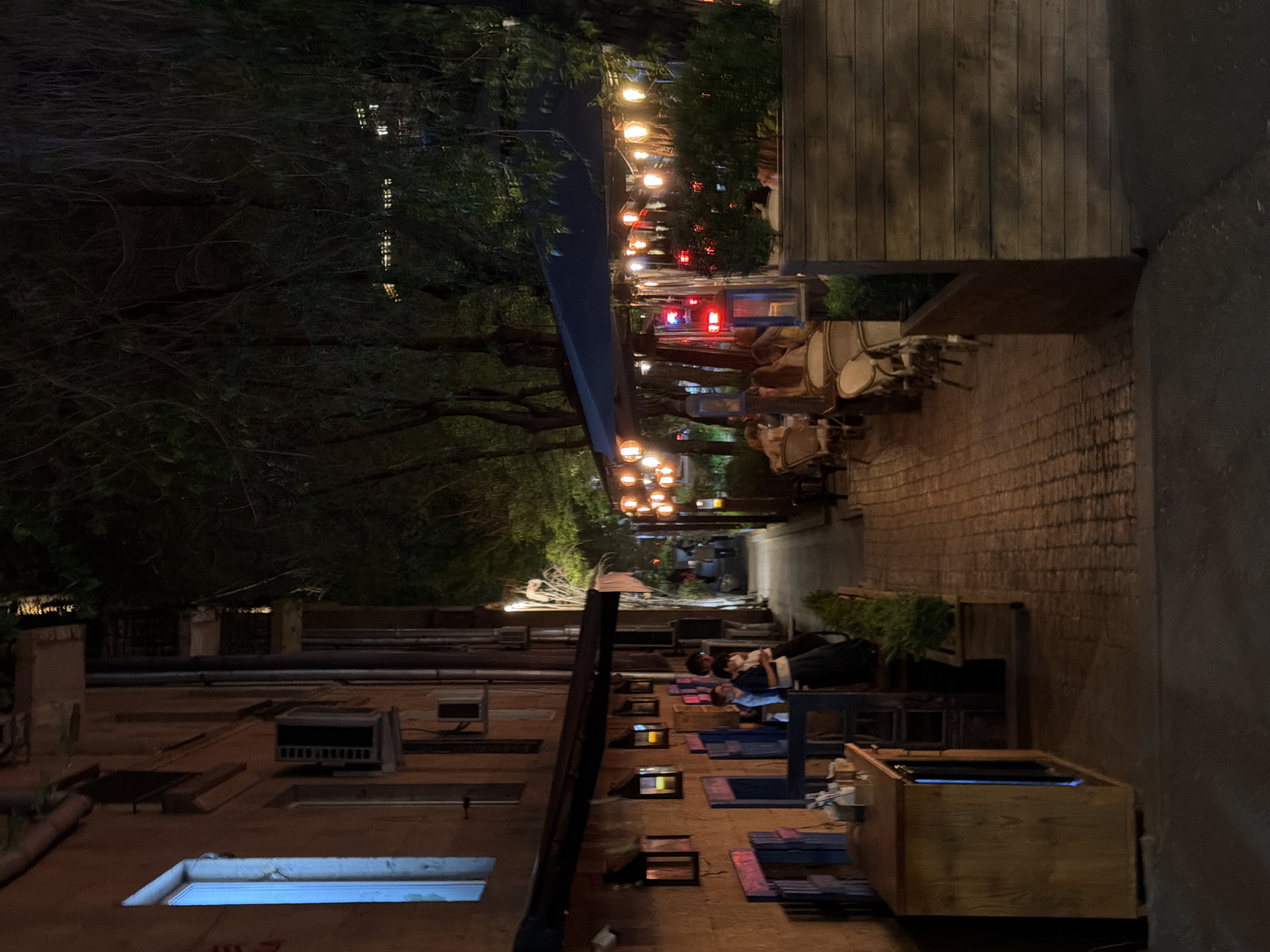 The image depicts an outdoor scene, likely a restaurant or café, in Yerevan, Armenia. The location is characterized by a narrow alleyway or pedestrian street flanked by buildings.
The space is illuminated by string lights overhead, creating a warm and inviting ambiance. Tables and chairs are arranged along the passageway, indicating a dining or gathering area. Some people are present, suggesting patrons or staff engaging in activities within the establishment.
The architecture showcases a mix of brick and wooden structures, reflecting the city's urban landscape. The presence of greenery, such as trees and potted plants, adds a touch of nature to the urban setting.
Overall, the image captures a vibrant and bustling scene typical of Yerevan's outdoor dining culture.