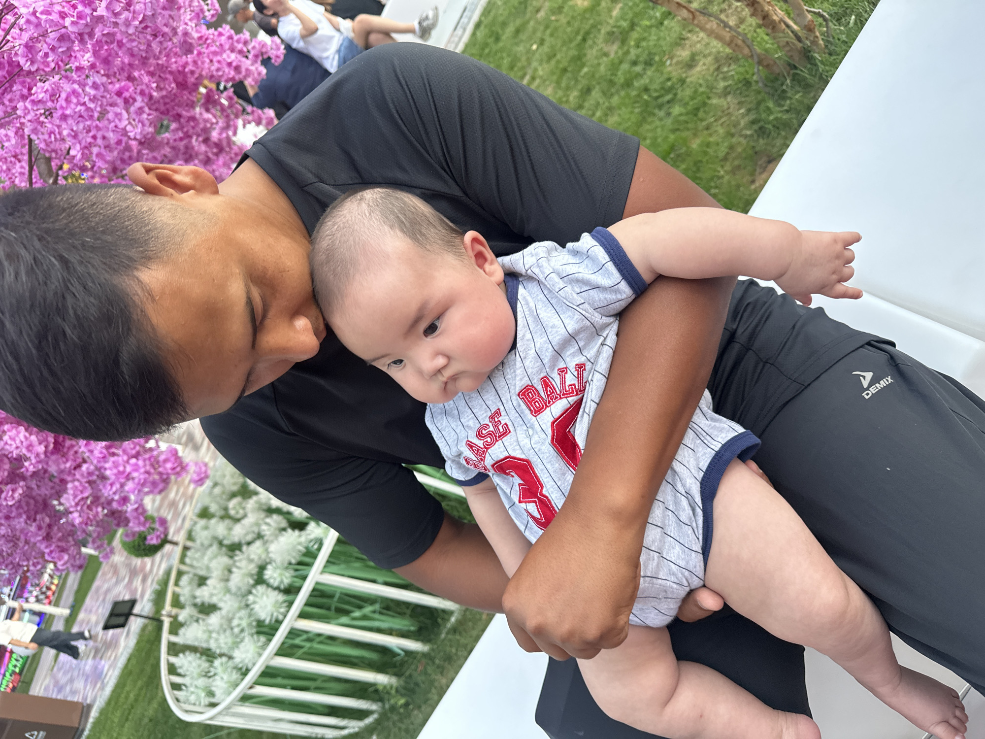 A man is holding a baby, seen from the chest down. The man is wearing a black t-shirt and dark pants with a "Demix" logo. The baby is wearing a grey and white striped onesie with red lettering that appears to say "BASE BALL" and the number "3". The baby is looking down and to the right, with a neutral expression. The man is looking down at the baby with his eyes closed, appearing to be nuzzling the baby.
In the background, there are decorative pink flowers on a tree to the left. To the right, there are white, fluffy decorative plants and green grass. The scene suggests an outdoor setting, possibly a park or garden. The lighting indicates it is daytime. The overall mood is one of tenderness and affection between the man and the baby. The location is identified as Manas, Kyrgyzstan.