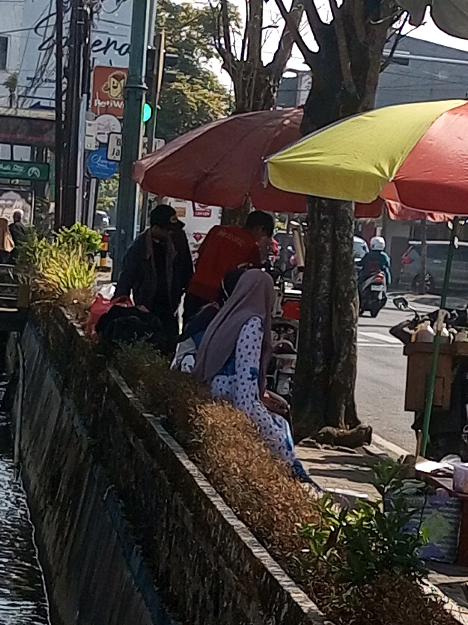 The image depicts a street scene in Wonosobo, Indonesia, likely on a sunny day. In the foreground, a low wall borders a body of water. Beyond the wall, a collection of dried plants and shrubs lines the walkway. Several individuals are visible, some appearing to be street vendors or shoppers. Two large umbrellas, one red and one yellow and red, provide shade. A traffic light with a green light illuminated is visible on a pole. In the background, trees and buildings suggest an urban environment. A motorcycle with a rider wearing a helmet is seen on the street. Various signs, including one with text in Indonesian and a logo featuring a cup, are mounted on poles. The overall impression is a busy street corner with commercial activity.