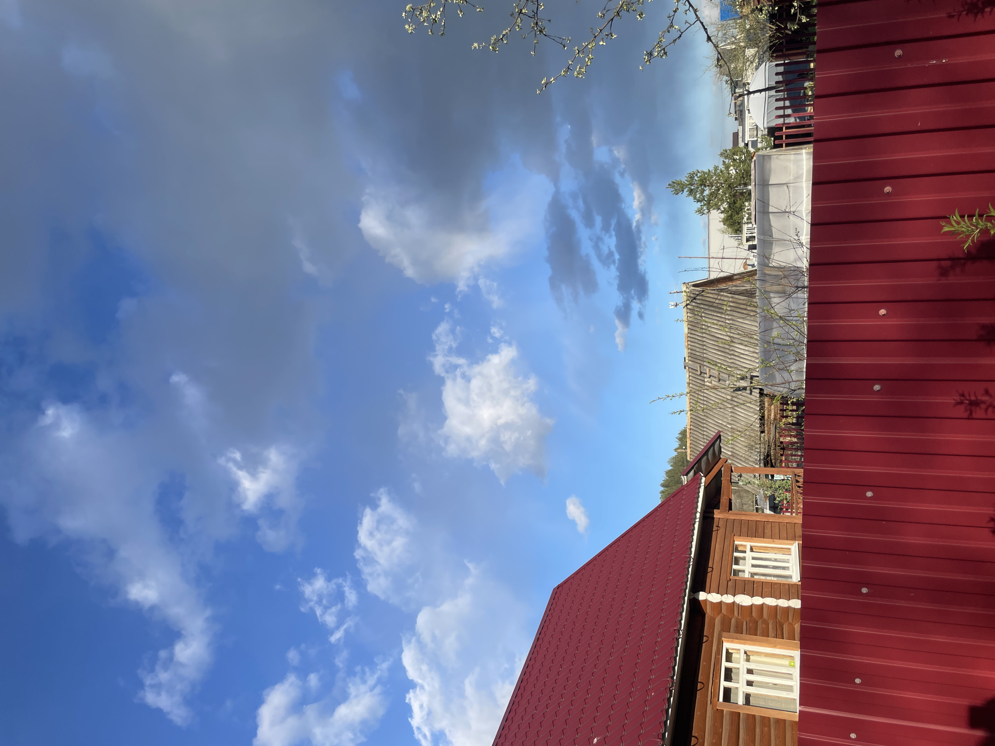 A vertical shot captures a neighborhood scene in Zav'yalovo, Russia. A two-story wooden house with white-framed windows and a red roof stands alongside a corrugated red metal fence. A second building with a gray roof is visible behind the first. Beyond the houses, a tree and a white building can be seen in the distance. The sky transitions from dark gray clouds to a clear blue sky with white clouds. White flowering branches are visible in the top corner of the image.
