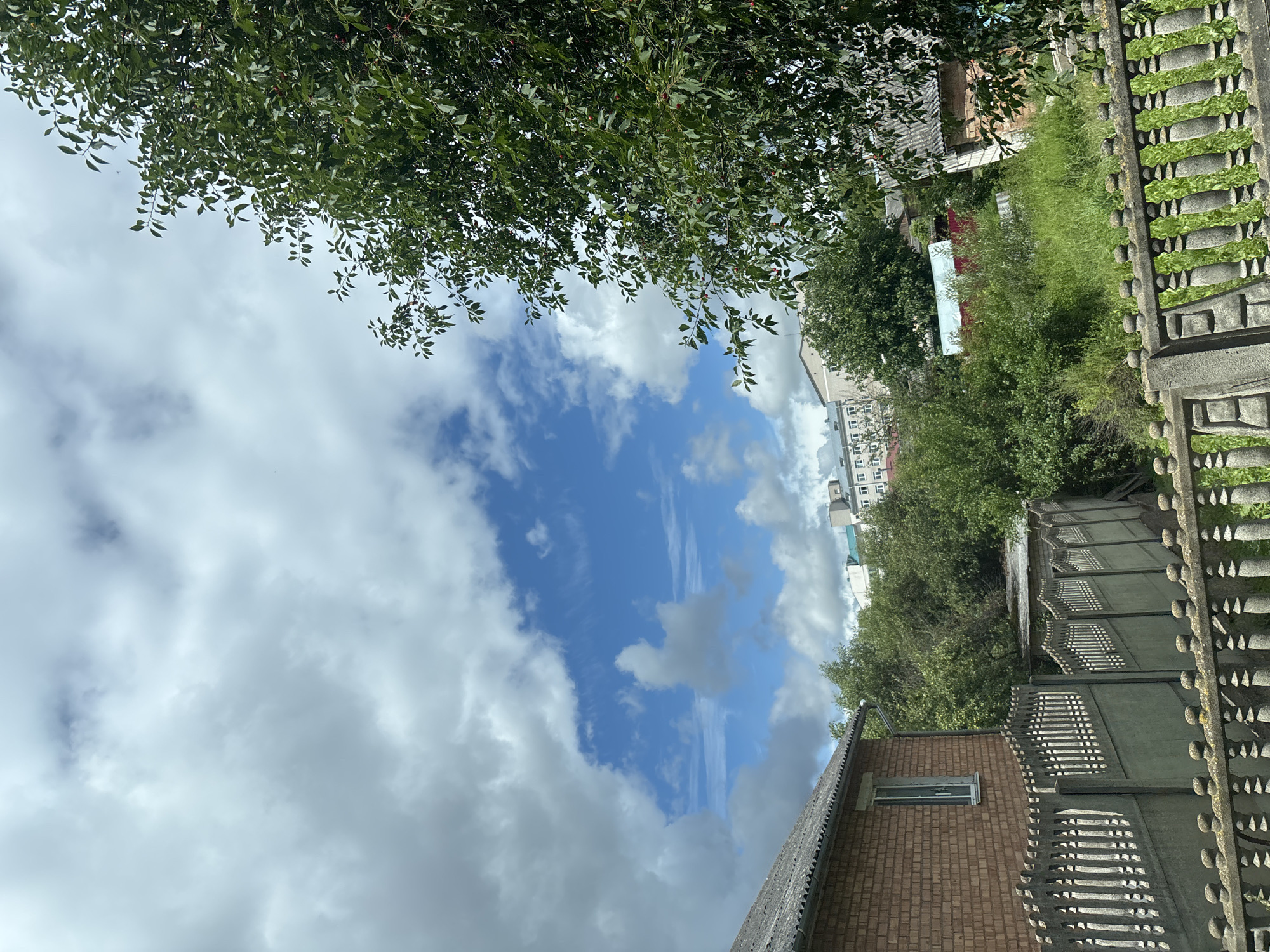 The image depicts a residential area under a partly cloudy sky in the Kapylsky Sel'sky Sovet, Belarus. In the foreground, a grey, ornate concrete fence runs horizontally across the bottom of the frame, with a section of a similar fence extending into the middle ground. To the left, a brick house with a grey roof and a single window is visible. Beyond the fence, dense green foliage and trees dominate the middle ground, obscuring much of the lower residential structures. In the background, a multi-story building with a light facade and numerous windows can be seen peeking through the trees. The sky is a mix of bright blue patches and large, fluffy white and grey clouds. A large tree with green leaves and some visible red berries is prominent on the right side of the image, extending into the upper right corner. The overall scene suggests a suburban or rural setting with evidence of residential development amidst natural greenery.