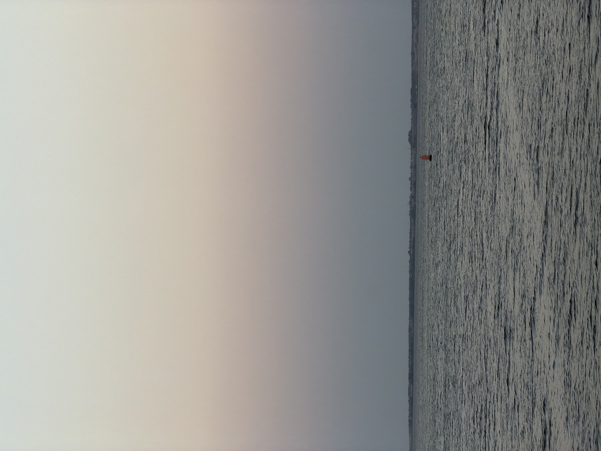 An outdoor, horizontal, medium shot captures a body of water under a gradient sky. The sky transitions from a pale, soft peach hue at the top to a muted grey near the horizon. The water is dark and choppy, reflecting the sky's subdued colors. On the water, a single, small orange buoy is visible, positioned slightly to the right of the frame's center. In the distance, a low-lying shoreline with scattered vegetation and structures stretches across the horizon. The scene appears to be at dusk or dawn. The location is identified as the Volga River in Kamyshin, Russia.