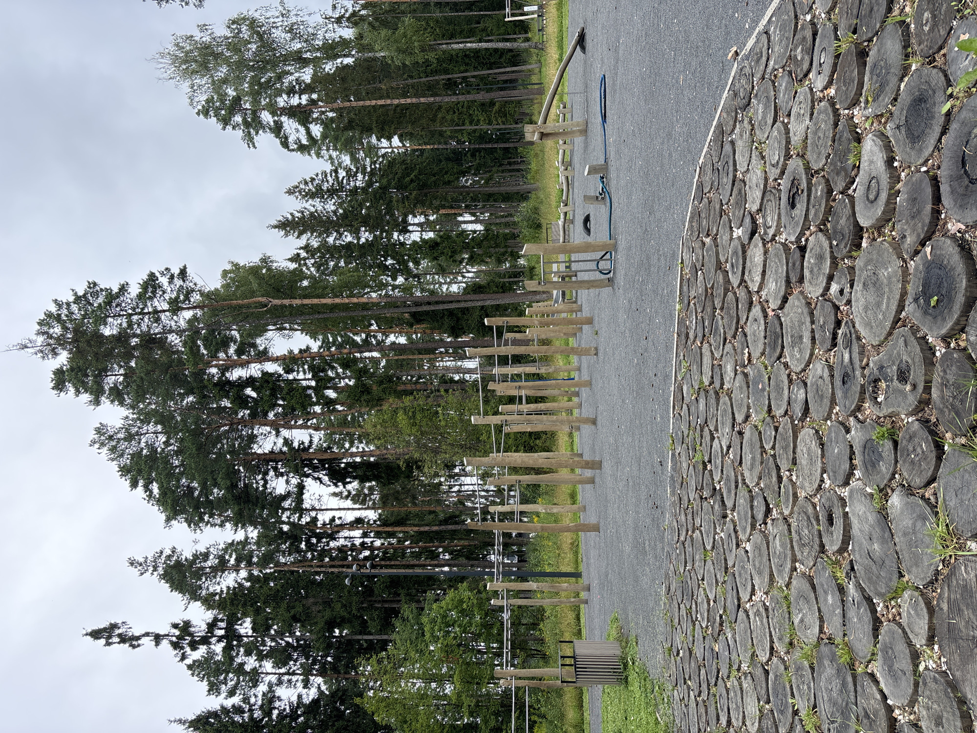The image depicts an outdoor fitness park located in Pavlovskaya Sloboda, Russia. The park features a variety of wooden and metal exercise equipment, including pull-up bars, parallel bars, and what appears to be an inclined balance beam. The ground is covered with dark grey gravel, and a circular pathway made of wooden log rounds is visible in the foreground. In the background, a dense forest of tall pine trees dominates the landscape under a cloudy sky. A trash receptacle is present near the exercise equipment. There are no people visible in the image.